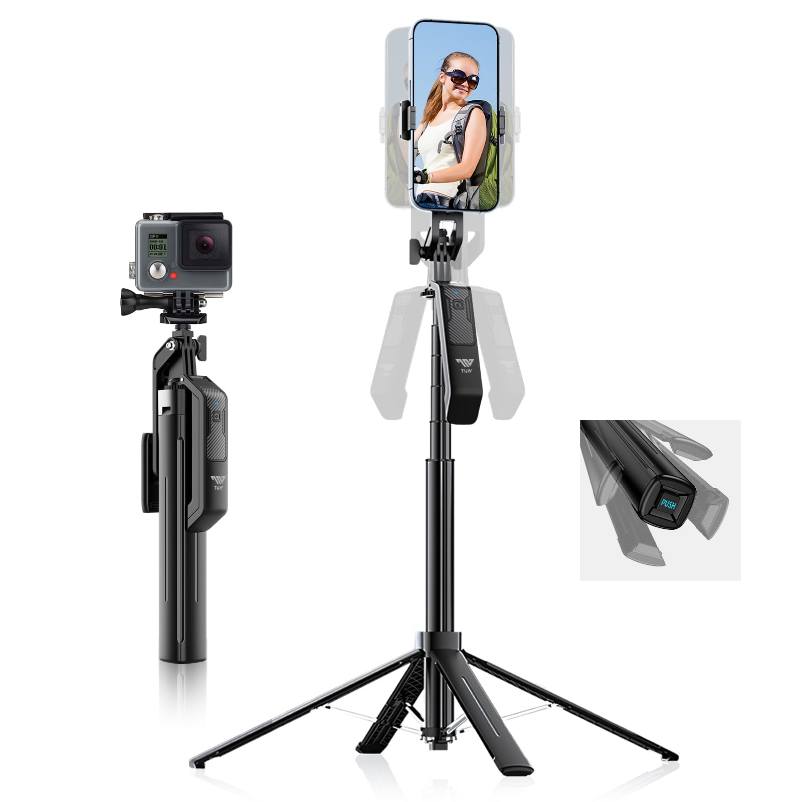 TNW 180cm/71in Phone Tripod Selfie Stick with Detachable Wireless Remote, All in 1 Extendable Tripod Stand for iPhone & Android, S30 Portable Travel Tripod for Vlogging and Video Recording(Black)