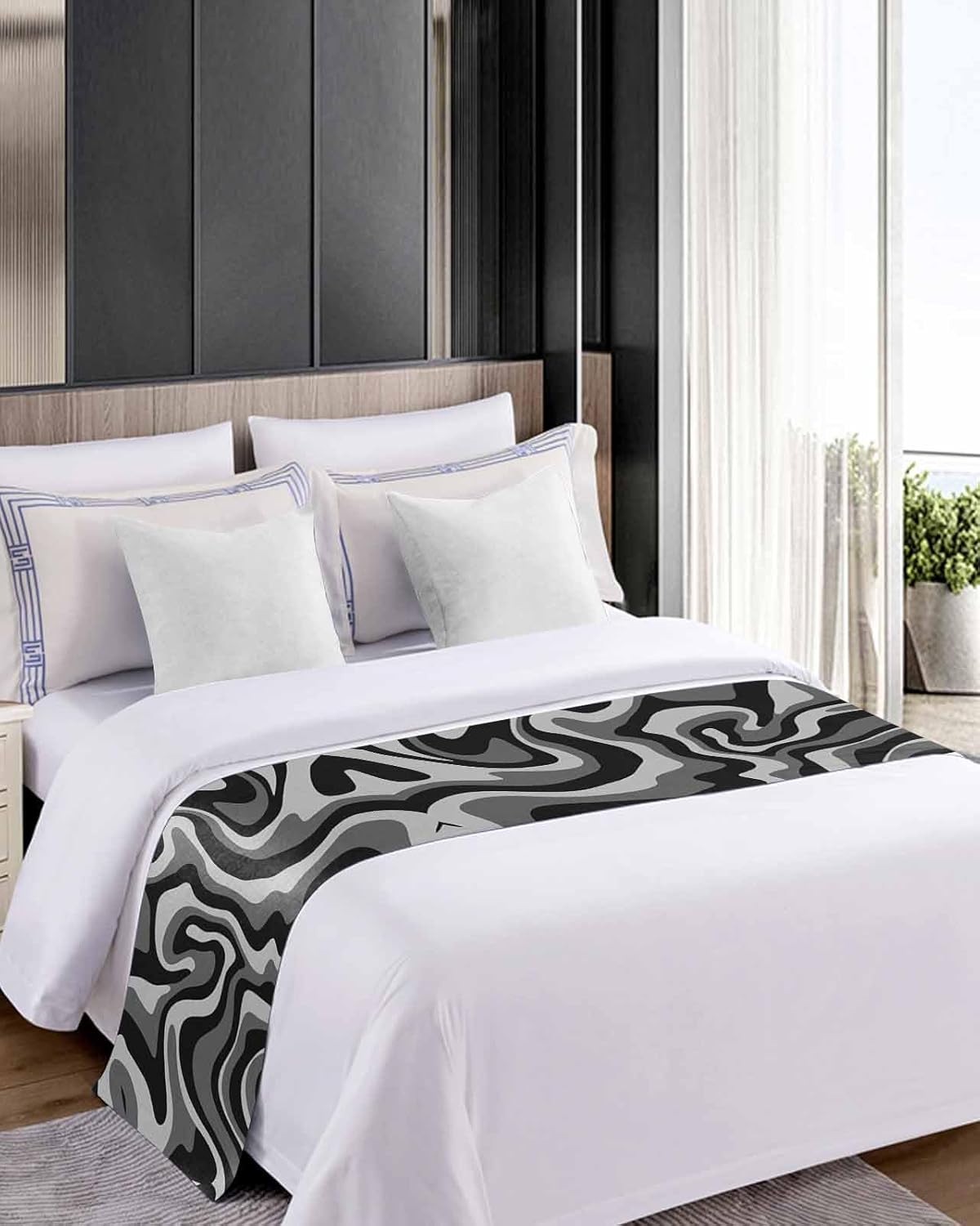 Black White Bed Runner Scarf Bedding Accessory For Twin Size Bed,Soft Bed Scarves And Runners Stainproof Dustproof Bedroom Protector For Hotel Wedding Room,Modern Abstract Ombre Aesthetics Art 71"x20"