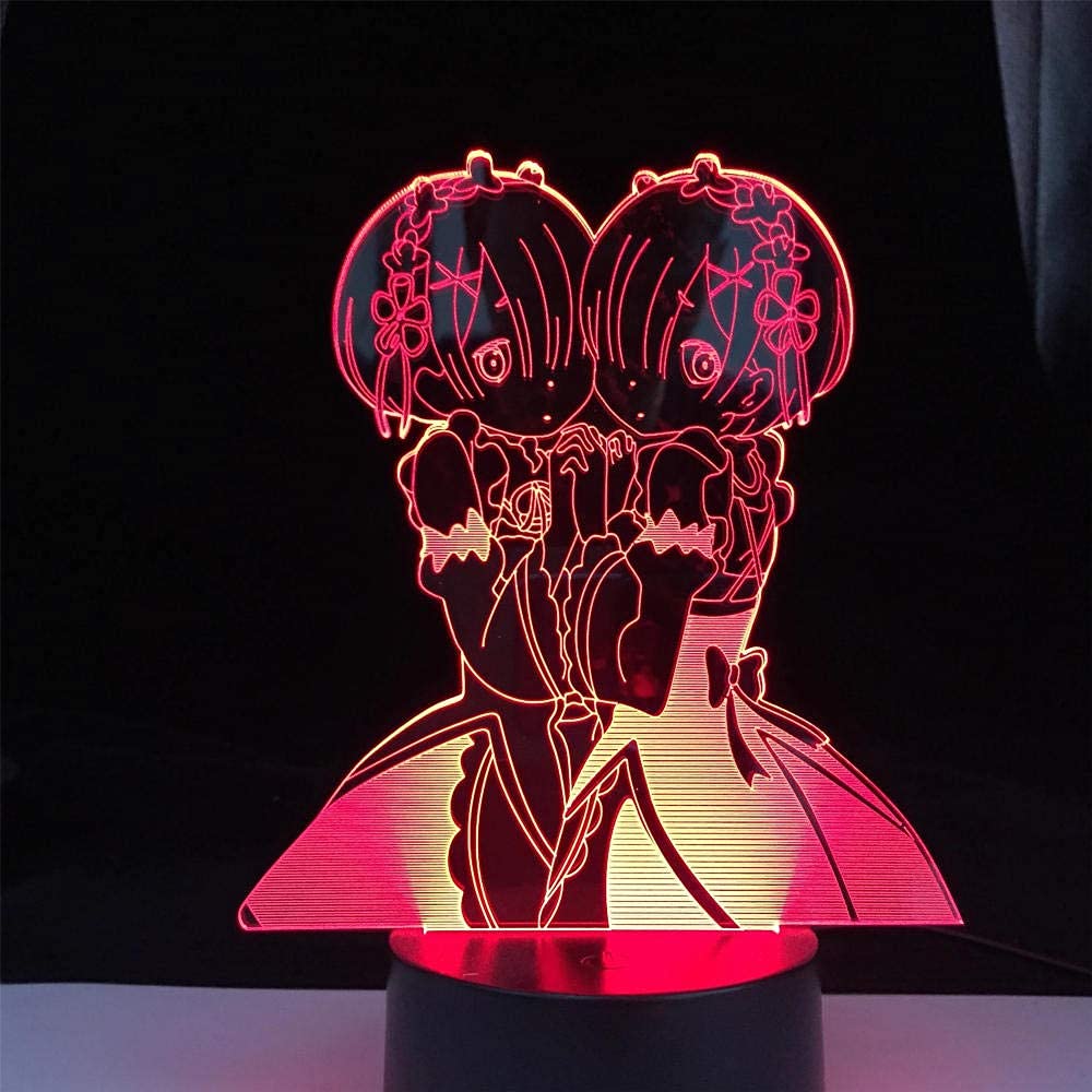Luce Notturna 3D A Led Con Effetto Ottico Rem & Ram (Re:Zero) - 7 Colori, Controllo Touch/Telecomando, Alimentazione USB/Batterie