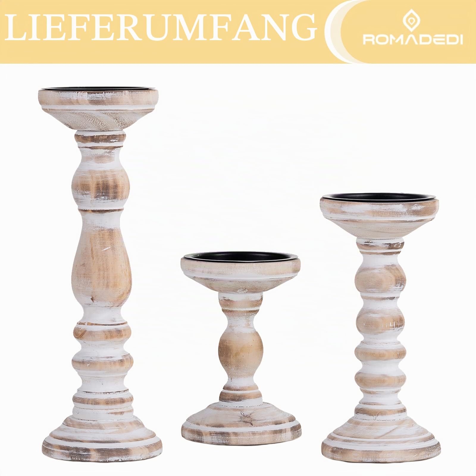 Romadedi Kerzenständer Holz für Stumpenkerzen, 3er-Set, Vintage Weiß | Drei Höhen: 15, 21 und 30 cm; Metall-Kerzenteller für Stumpenkerzen bis ca. Ø 7,6 cm; für Kaminsimse und Beistelltische