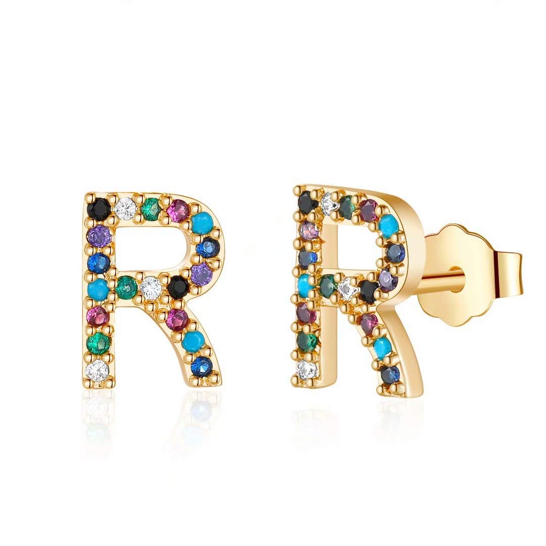 Memorjew Initial Stud Earrings for Women, Hypoallergenic 925 Sterling Silver Post Rainbow Cubic Zirconia 14K-Gold-Plated 26 Initial Earrings for Women