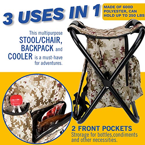 image for Camo Backpack Cooler and Stool - Collapsible Folding Camping Chair and