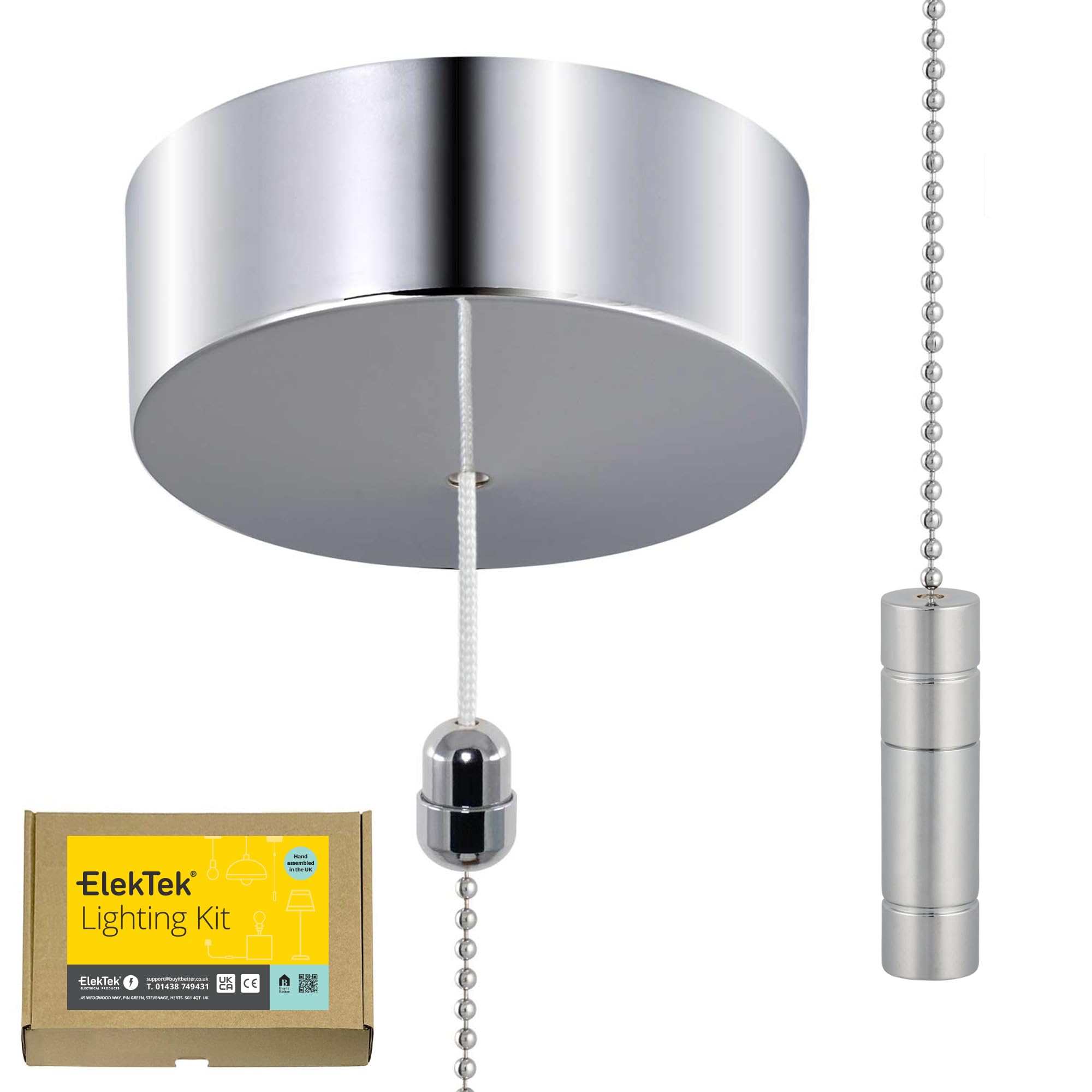 ElekTek UK Safety Approved Chrome Bathroom Light Pull Switch Kit + Chrome Cylinder Fob Handle & Extension Chain, EN 60669-1 & CE Mark, Earth Terminal, 6A 250V, 1 or 2 Way use, Full Wiring Instructions [Energy Class A]