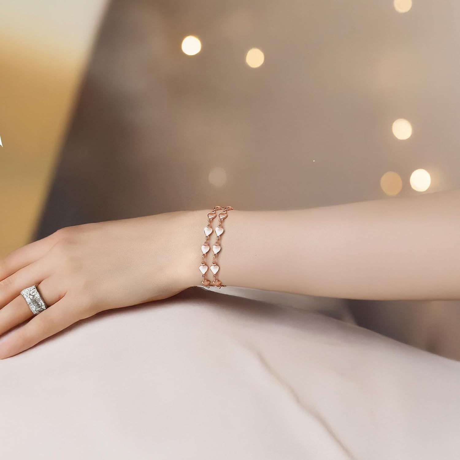 mnmoom Heart Bracelet for Women,7-8.5 Inches Adjustable Stainless Steel heart Link Chain, Silver and 14k Gold, Rose gold plating - Image 3