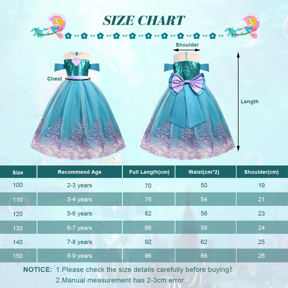 AOOWU Vestito Sirenetta Bambina, Sirena Principessa Vestito Costume con Parrucca, Vestiti Sirenetta Costumi Cosplay Sirena per Halloween, Natale, Cosplay, Compleanno