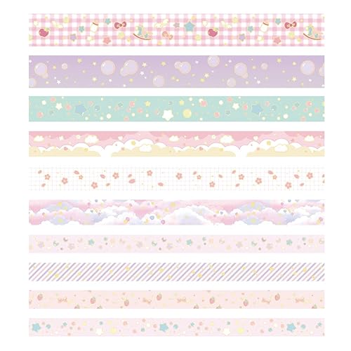 Miniatura 4 de YUBX Creative Washi - Juego de 10 rollos de cinta adhesiva decorativa con impresión de lámina dorada para artes, manualidades, diarios,