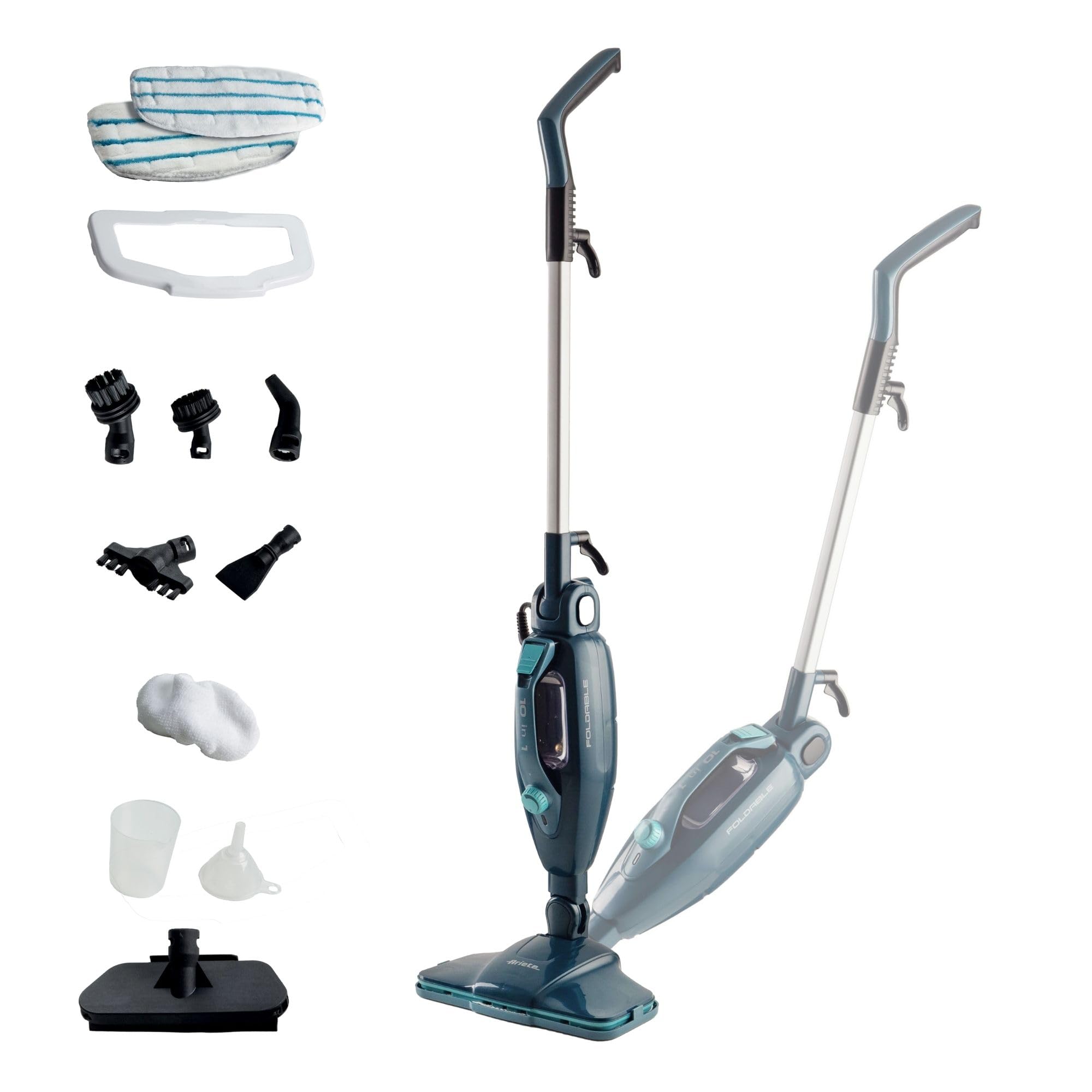 Ariete 4175 Składany mop parowy 10 w 1, składany mop parowy, 1500 W, 10 funkcji w 1, zestaw akcesoriów, pojemność 350 cm3, niebieski