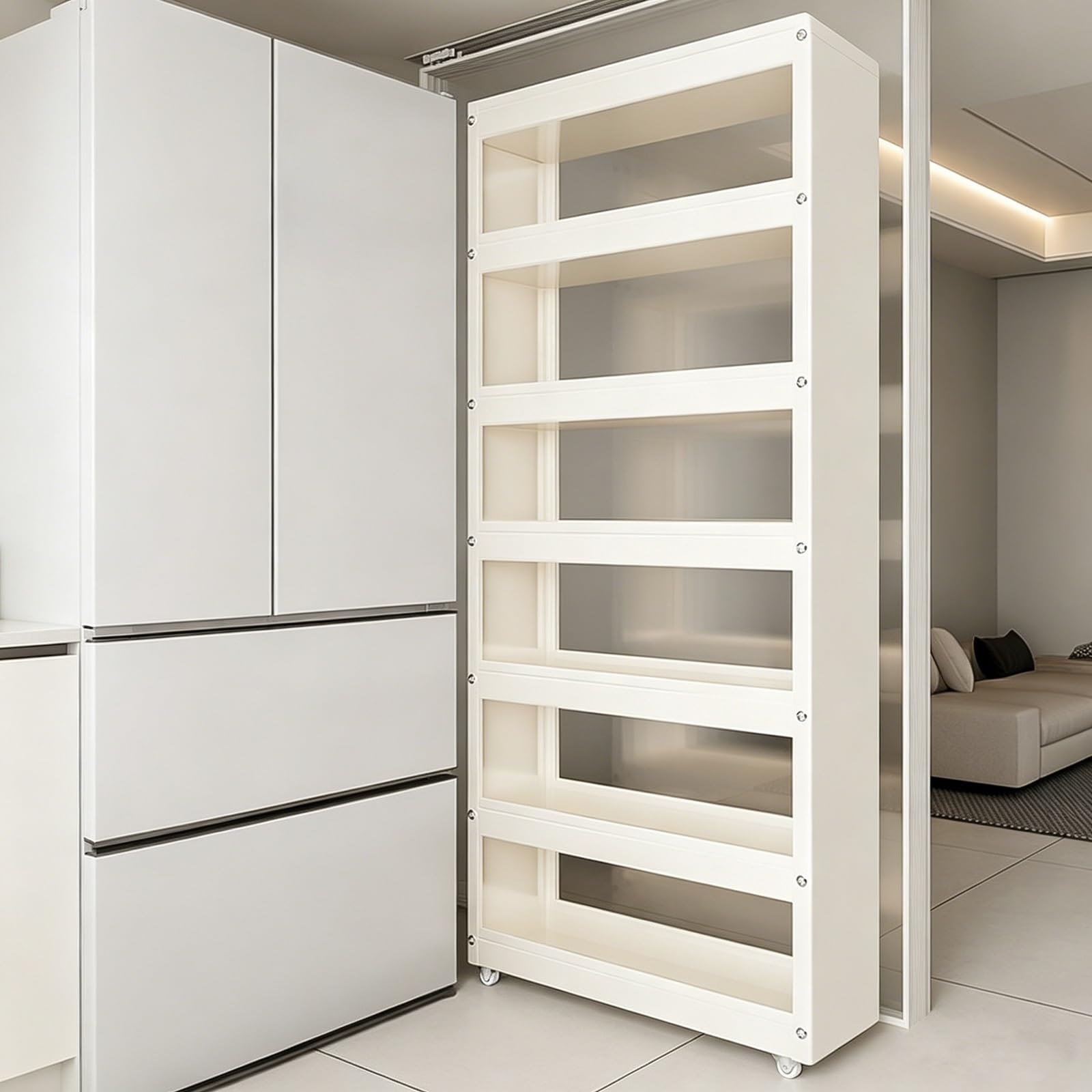 Carrito de Cocina Alto y Estrecho con Ruedas, Estante Robusto De Acero Al Carbono para Hueco Frigorífico, Organizador Ahorra Espacio para Cocina, Baño Y Lavandería(White,40x15x198cm)