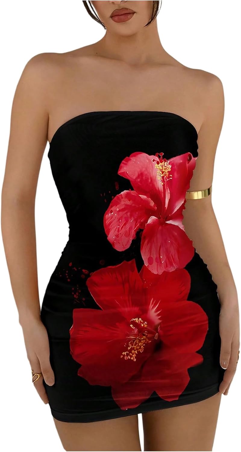 Women's Summer Floral Mini Strapless Dresses Going Out Sleeveless Bodycon Tube Dress