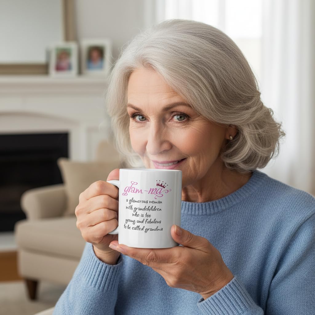 Funny Grandma Theme Ceramic Coffee Mug Glam-ma Definition Great Mother’s Day Gift Idea Grandparents Day Christmas Birthday Gift for First Time Grandmother Granny Tea Cup 11 oz White - Image 4