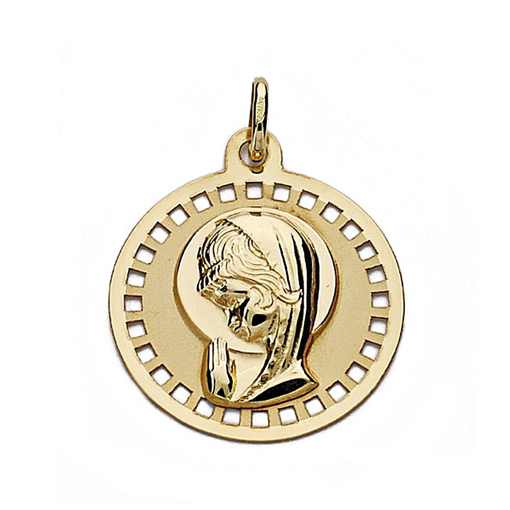 Medalla colgante oro 18k Virgen Niña 18mm. liso circular cerco cuadros calado