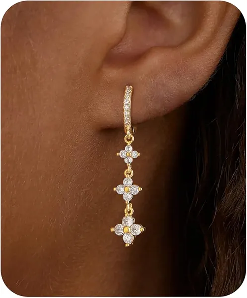 Dangle Earrings For Women Trendy 14K Gold Plated Drop Silver Long Dangling Dainty CZ Simple Hanging Jewelry