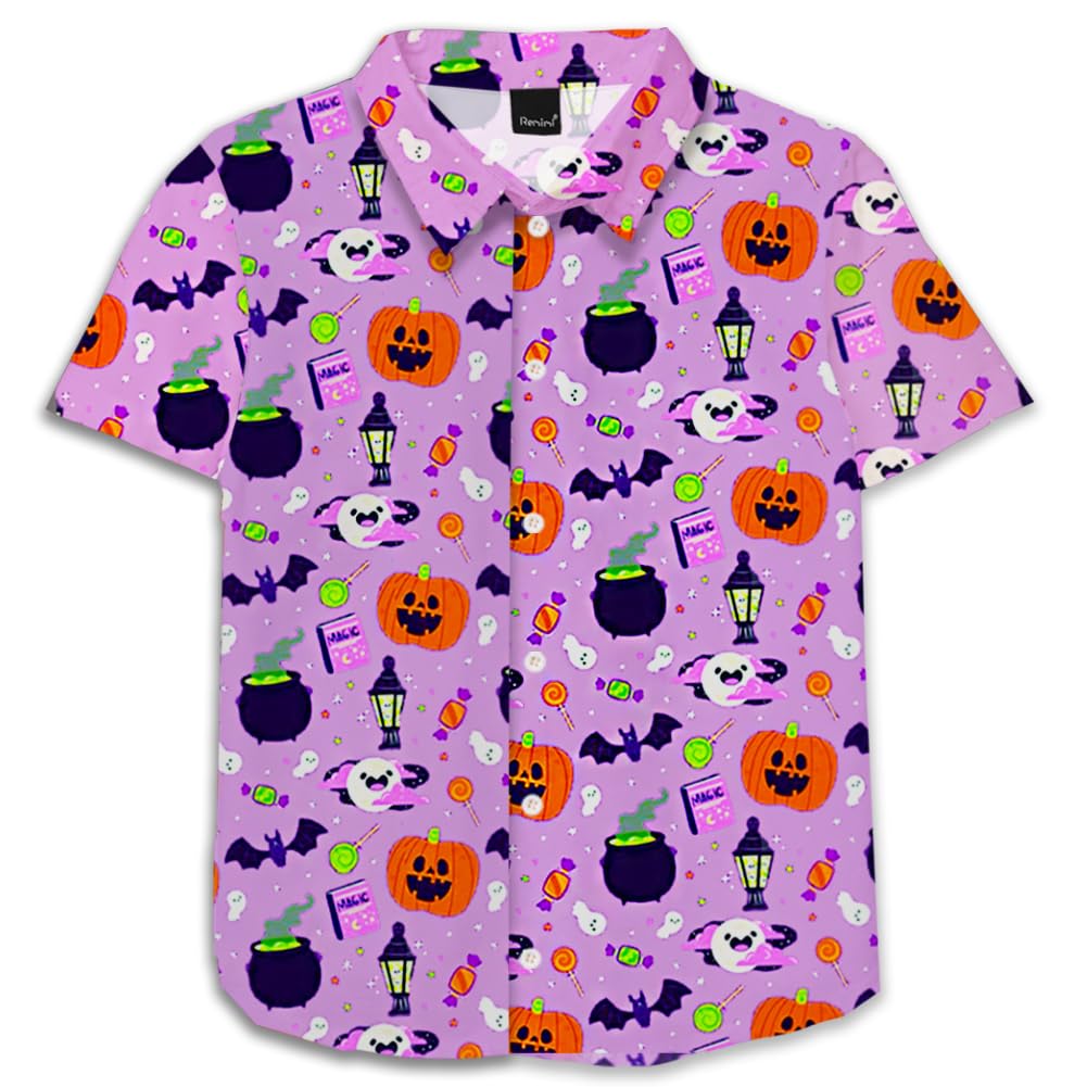 Remimi Unisex Kids Halloween Shirt Boys Pumpkin Ghost Shirts Hawaii Button Up Tops 5-14 Years