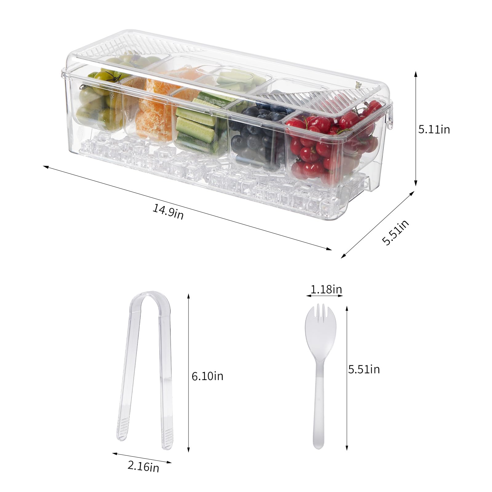 Grand plateau à condiments réfrigérés, avec couvercles pour 5 compartiments amovibles (2,5 tasses), plateaux de service, plateau de fruits et garnitures pour fournitures de fête et accessoires de bar