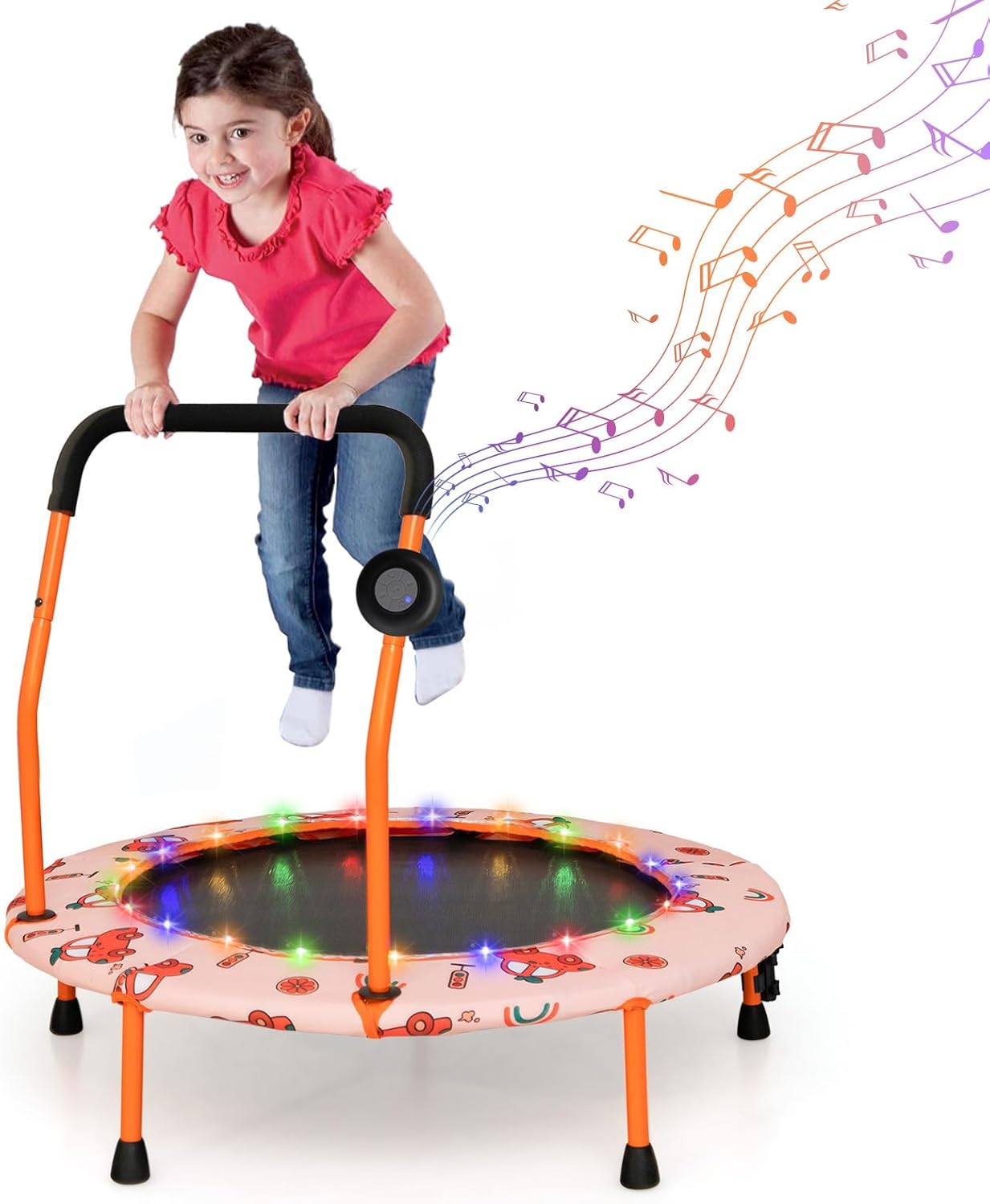GYMAX Trampoline for Kids, 36” Toddler Mini Rebounder with Lights & Music, Removable Blue Tooth Speaker, Handle & Safety Pad, ASTM Approved Indoor Outdoor Small Kids Trampoline
