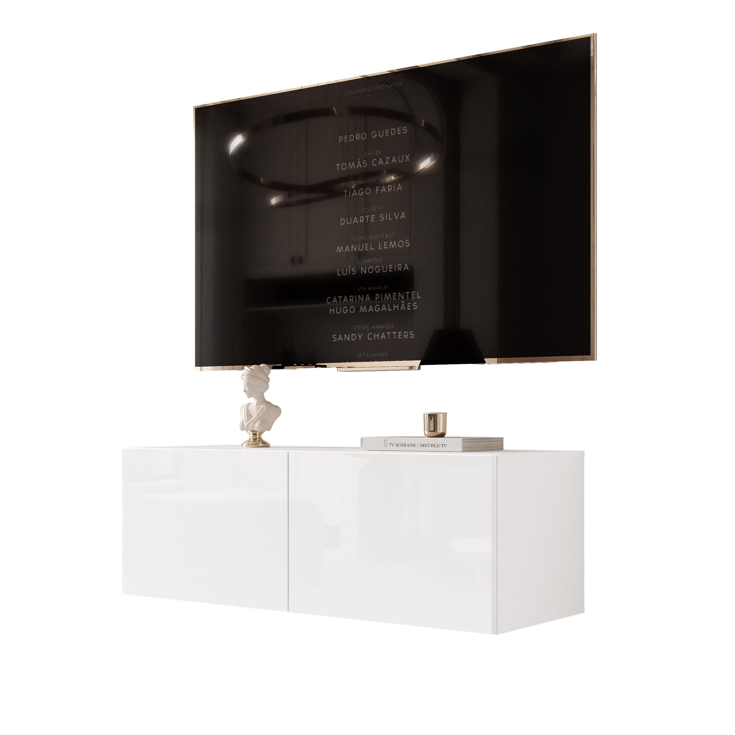 100 cm TV Lowboard Weiß Hochglanz 100cm mit 2 Praktischen Großen Fächern und LED Beleuchtung - TV Board Hängend Passend Für Stilvolle Wohnräume