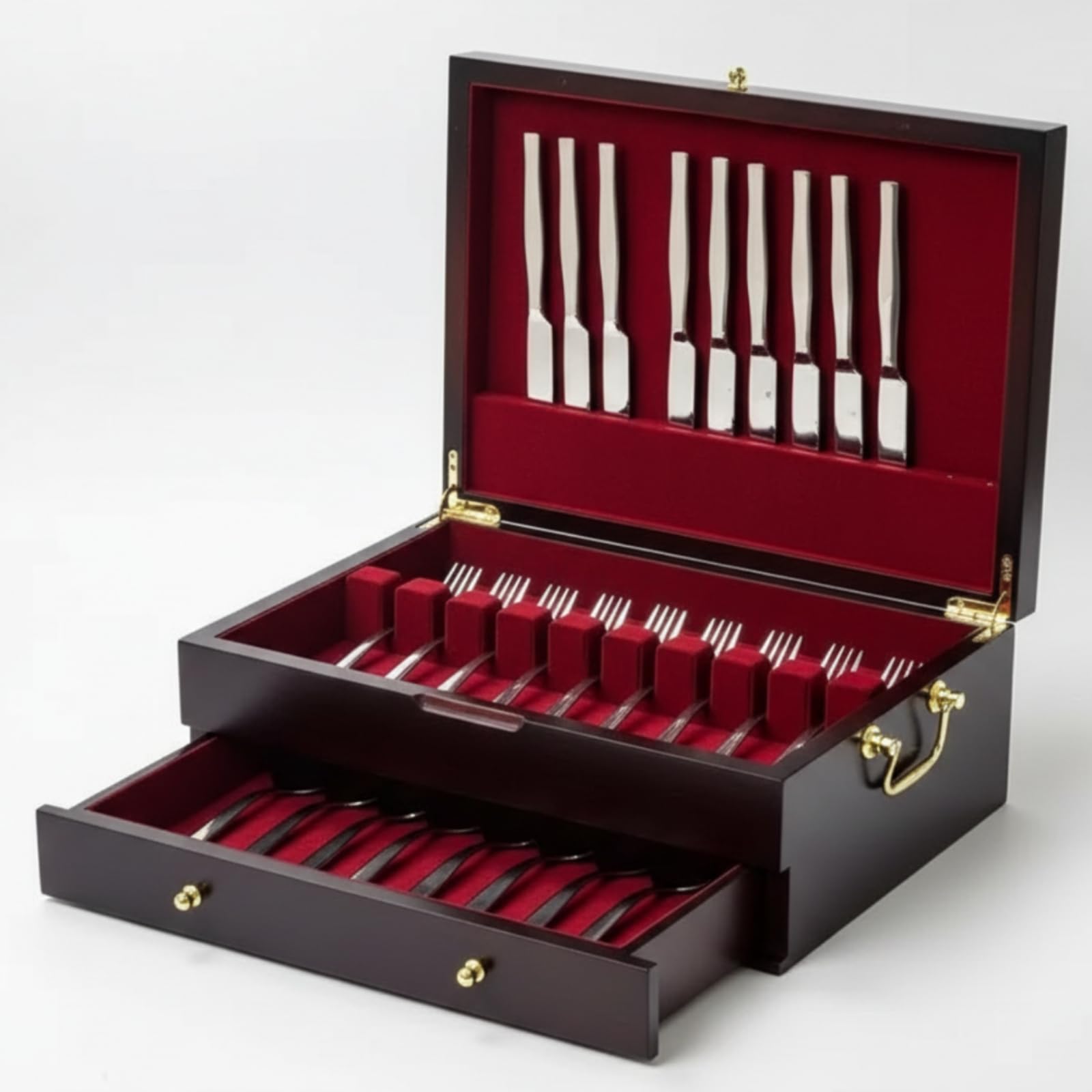 Coffret à Couverts en Bois Multi Couches Boîte Rangement Organisateur Intérieur Feutre Rouge Protection Anti Rayures Tiroir Ample Fermeture Sûre