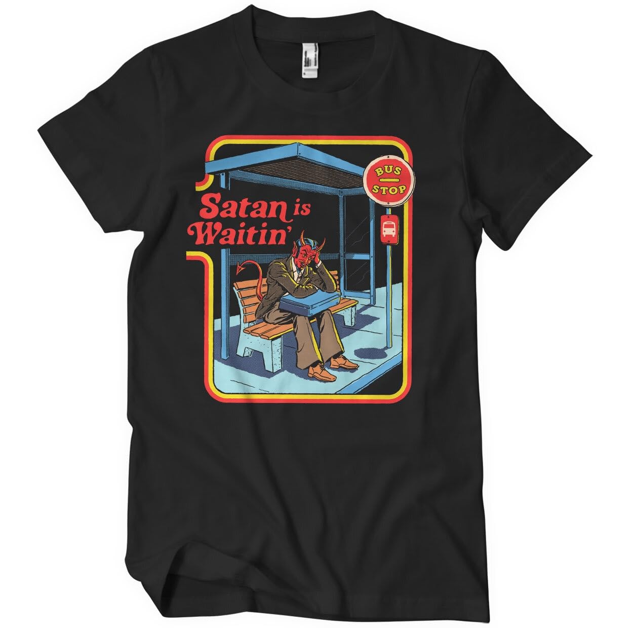 Steven Rhodes Men's Black Officially Licensed Satan Is Waiting T-Shirt (Black), Medium