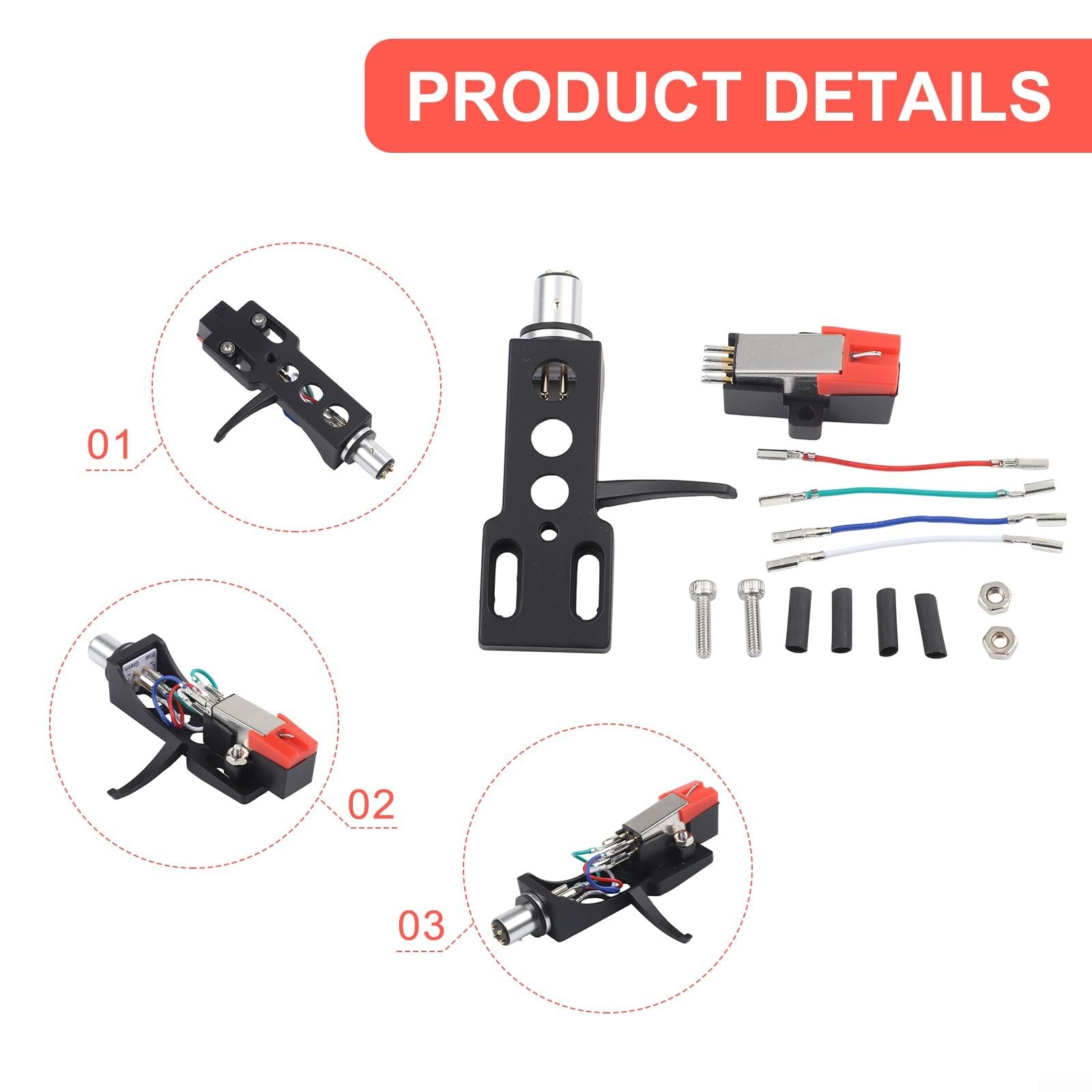 Moving Magnet MM Phono Cartridge e Headshell Set con Tracking Regolabile per Forza, Terminali placcati oro, Fili OFC per bracci a S o dritti su giradischi,