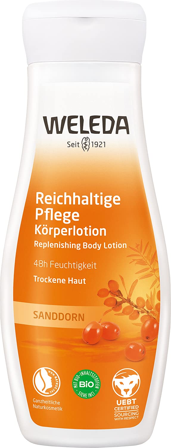 WELEDA Bio Sanddorn Bodylotion - Naturkosmetik Körperpflege Lotion mit Arganöl & Sesamöl spendet bis zu 48h intensive Feuchtigkeit. Natürliche Körperlotion zur Pflege von trockener Haut (vegan, 200ml)