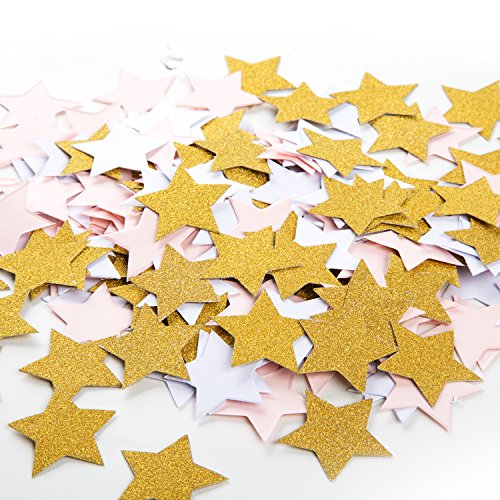 Image of MOWO Gold, Pink and White Stars Confetti Table Decoration, 1.2'', 200pc | 200 Pieces, Wedding Party Decor, Table Decor