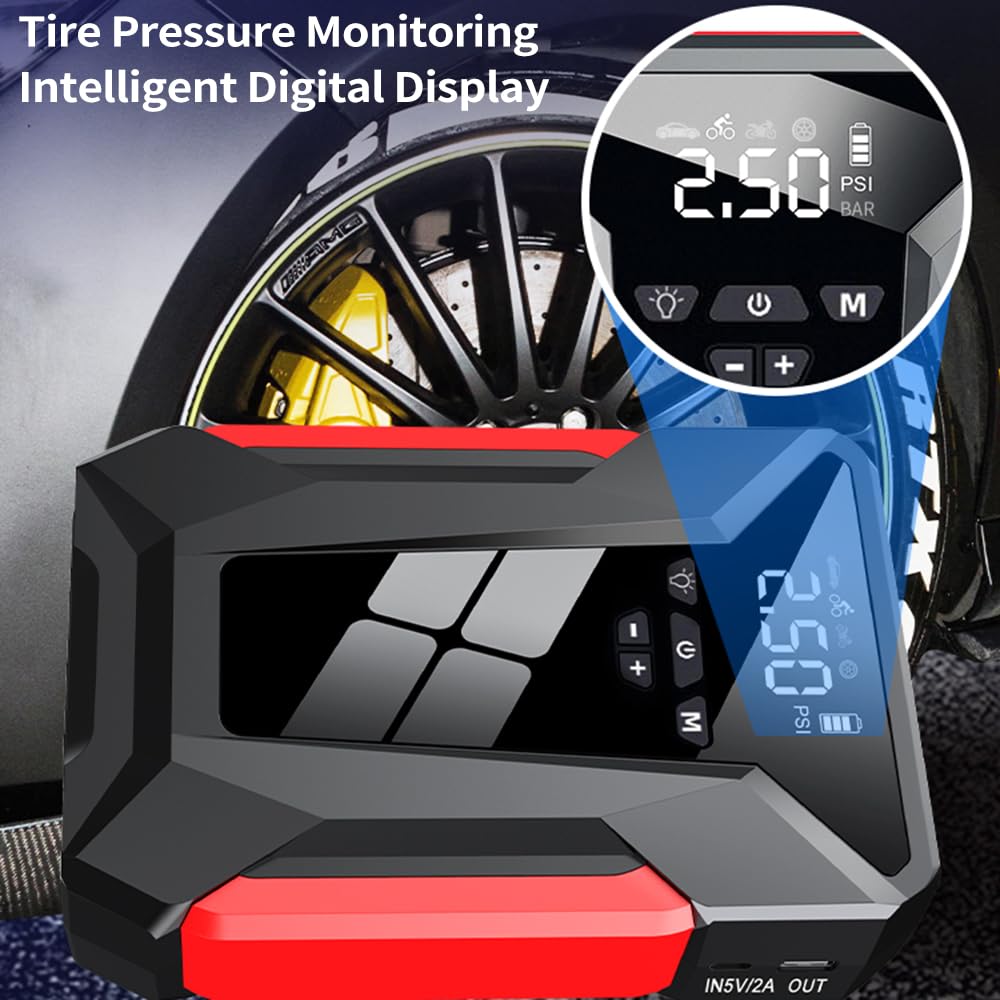 Compresor de aire portátil inflador de neumáticos, bomba de aire eléctrica inalámbrica, arrancador de salto de 10000 mAh 1000 A y compresor de aire con pantalla LED de luz LED para coche, motocicleta