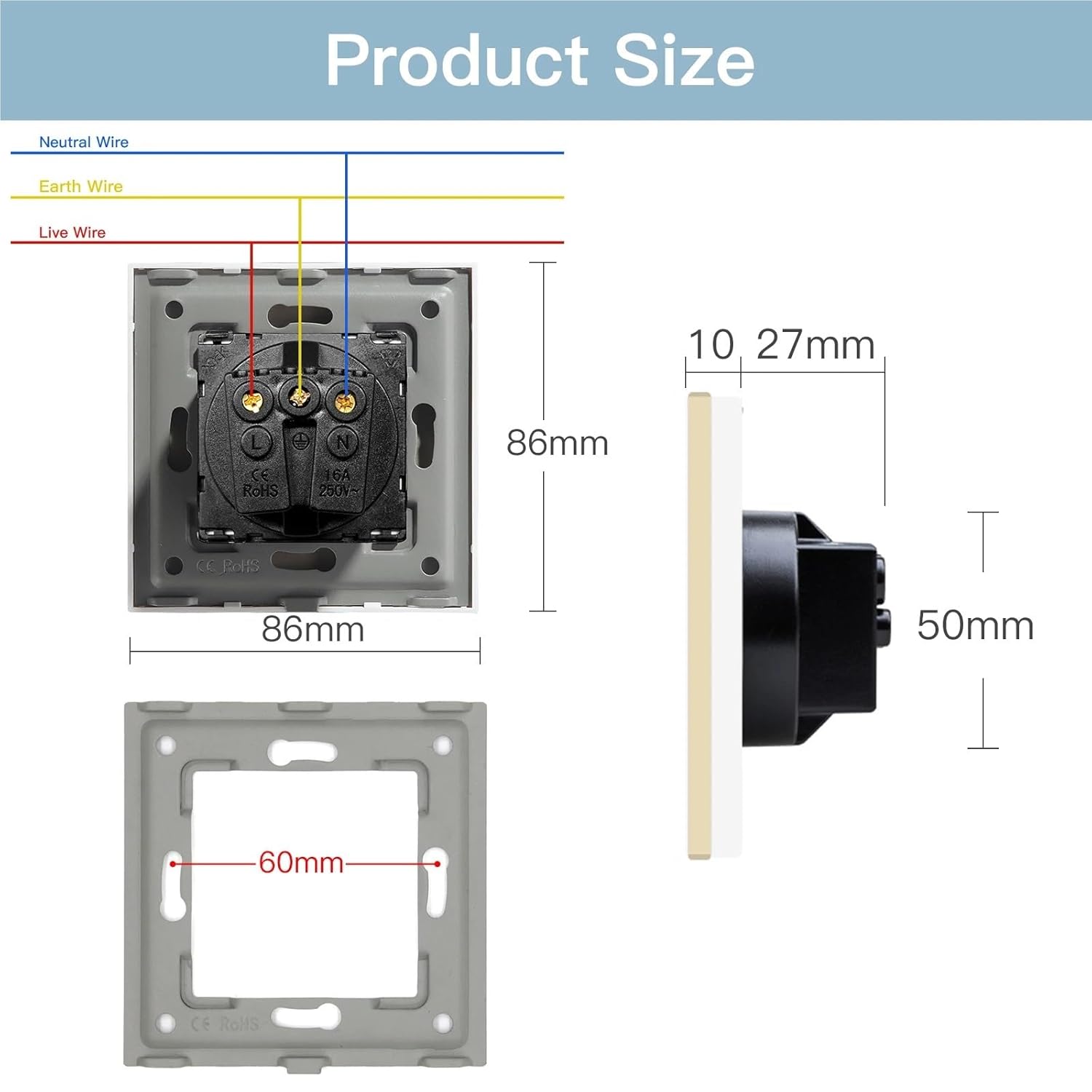 EU Standard Waterproof Wall Socket Double Power Plug with Cover Triple Outlets Crystal Glass Panel 16A 110V-250V(EU_110-250V_Single Gray)