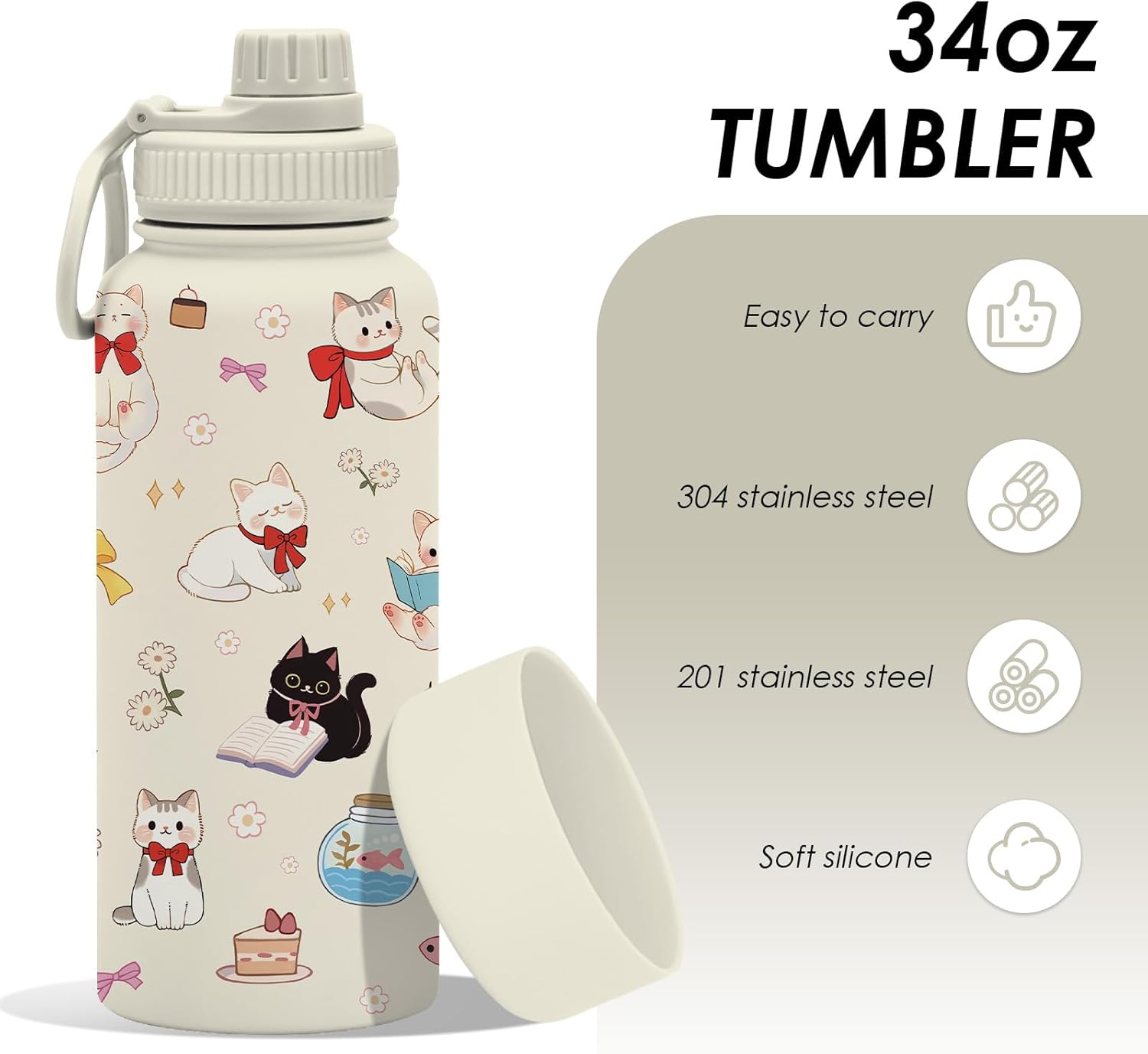 Cat Gifts for Cat Lovers, 34oz Insulated Water Bottle, Stainless Steel Sport Bottle with Spout Lid, BPA-Free, Leak Proof, Double Walled Travel Cup, for Camping, Gym - Cats Birthday Gift Cup (1pc) - Image 2