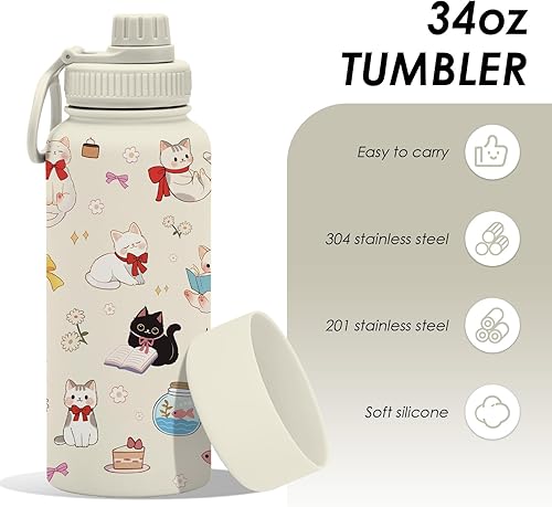 Miniatura 2 de Regalos de gatos para los amantes de los gatos, botella de agua aislada de 34 onzas, botella deportiva de acero inoxidable con tapa de boquilla, sin