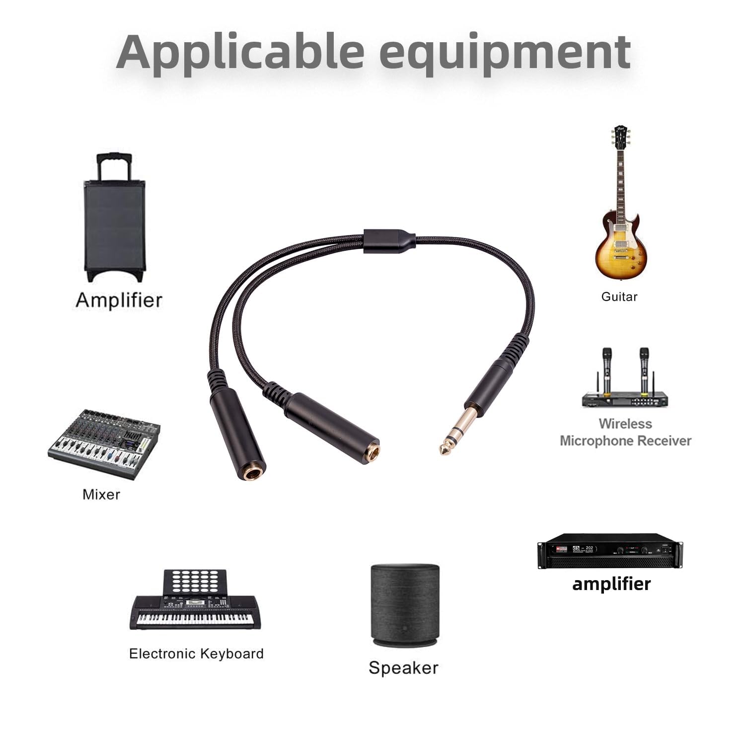 Cavo audio stereo TRS da 1/4 per chitarra o mixer con uscita jack, 3 m, confezione da 2, nero, adattatore splitter a Y, cavo da 6,35 mm maschio a doppio jack femmina da 6,35 mm, connettori placcati in