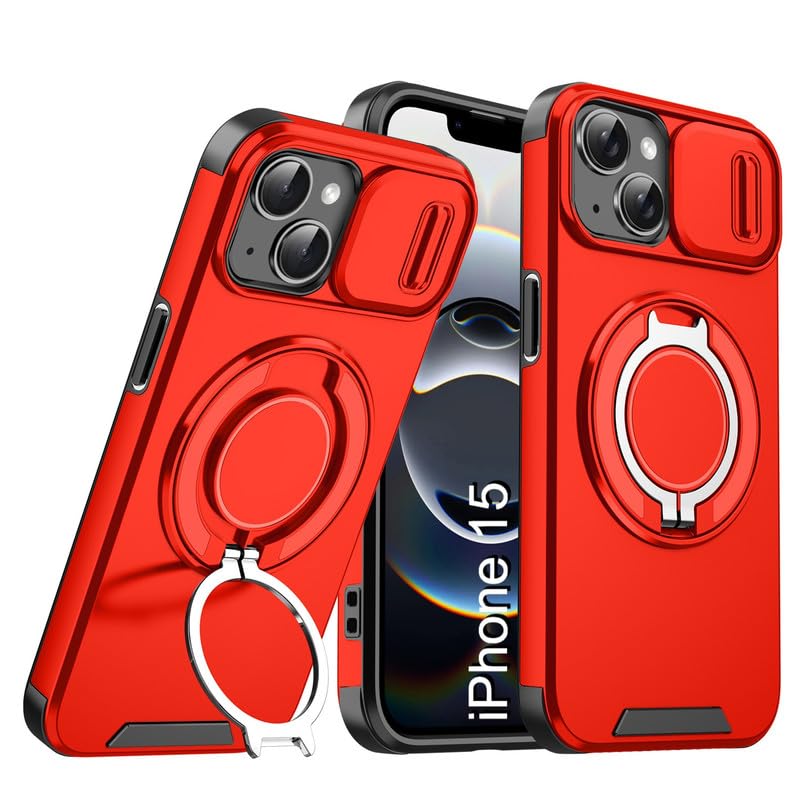 Image of LuxuryKase Shockproof Rugged Case for iPhone 15 | Slide Camera Cover | 360 Rotating Ring Kickstand | Military-Grade Protection - Cherry Red