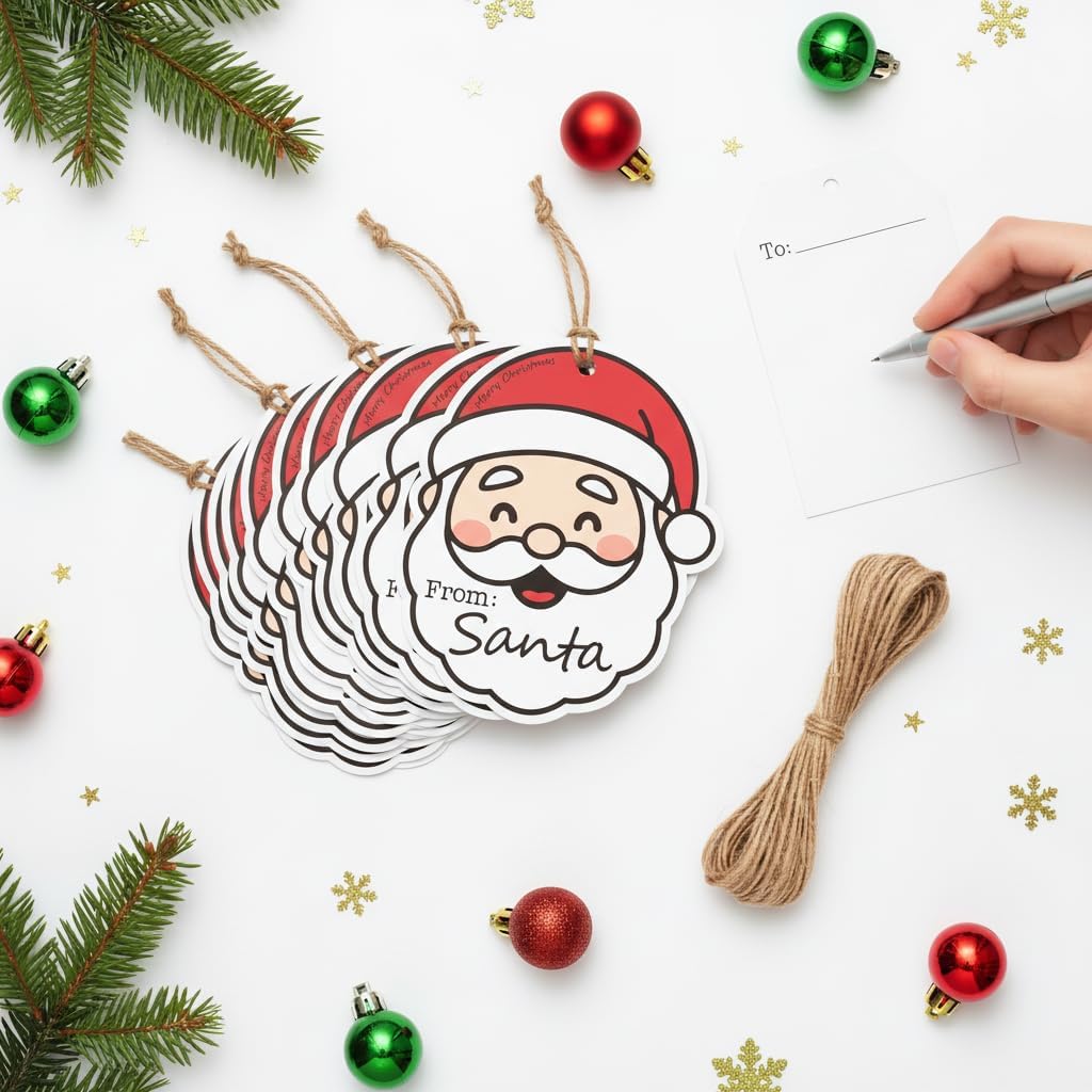 100 Pcs Cute Christmas Gift Tags - Cartoon Santa Claus Style Xmas Craft Labels with Rope for DIY Holiday Presents, Party Decorations - Image 3