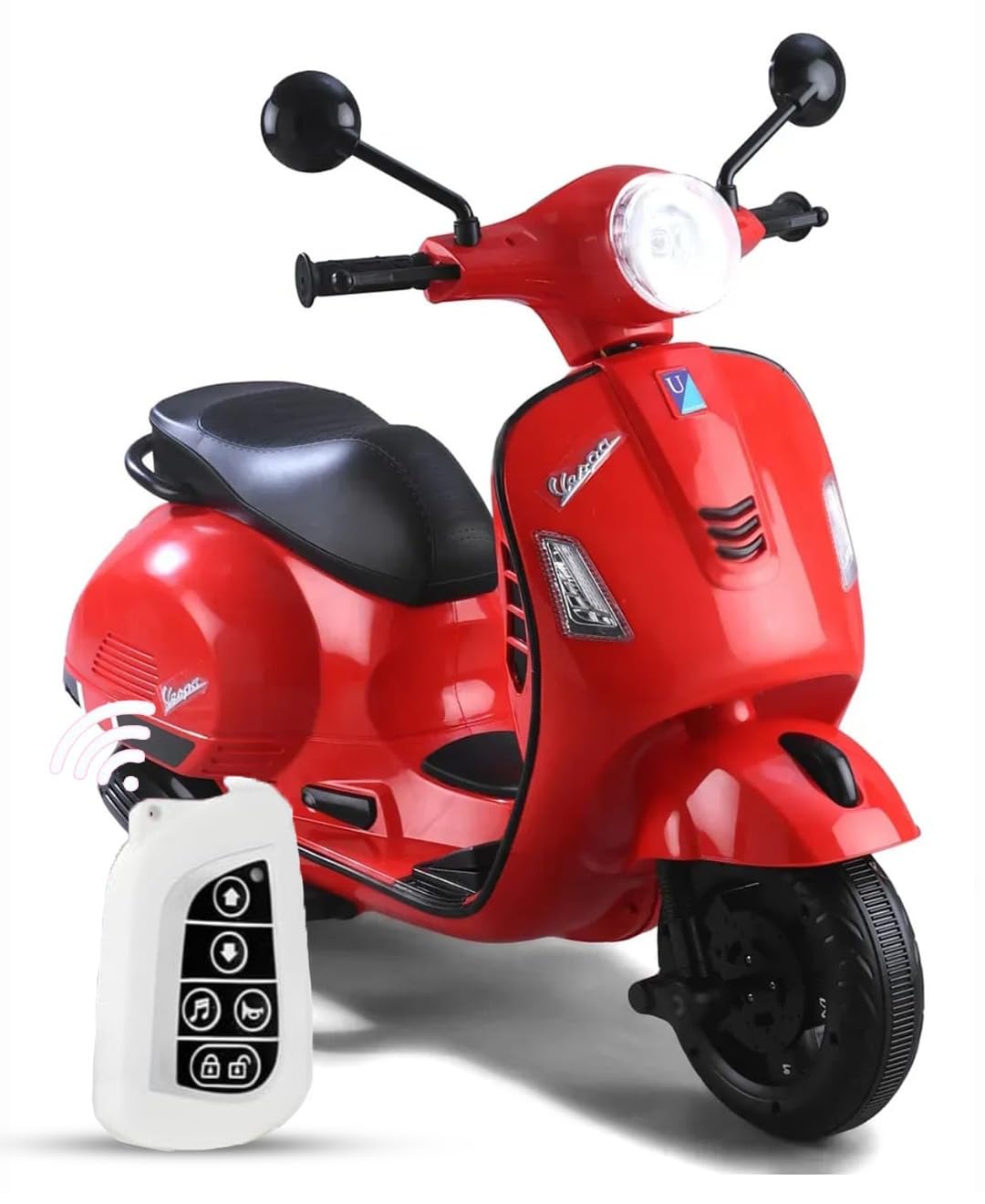 12V Vespa Rechargeable Battery Ride-On Scooter for Kids with Remote Control, Music, LED Lights & Training Wheels - Safe & Fun Electric Motorcycle for Ages 1-6 - Red