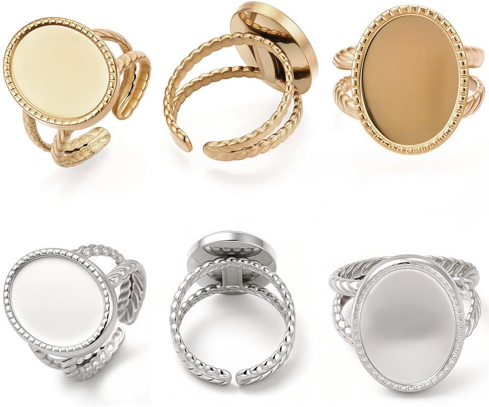 Beebeecraft 1 Box 8Pcs Sun Open Cuff Ring Settings 18K Gold Plated Open Blank Rings Metal Settings Ring Blanks DIY Bezels for Jewelry Making, Oval Tray 16x12mm