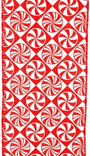 Red and White Peppermint Candy Wired Ribbon, 4 Inch Wide X 10 Yards