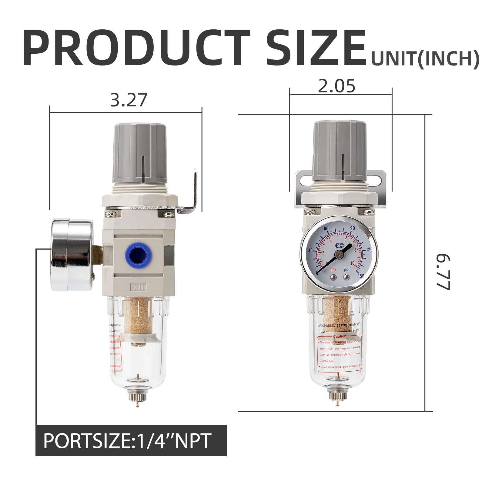 Pneumatic Air Compressor Filter Regulator Combo 1/4" NPT 150 PSI w/Adjustable Gauge-Water Separator,Metal Bracket,Manual Drain,5 Micron Brass Cartridge — Amazon image 3
