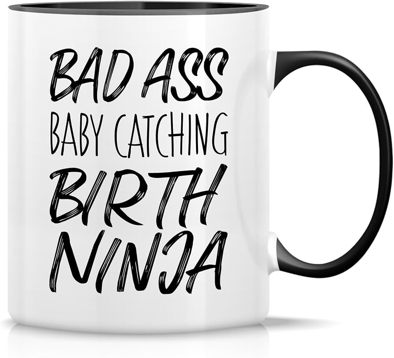 Funny Bad Ass Baby Catching Birth Ninja Midwife Tazas de café de 11 onzas | Taza blanca con mango negro e interior, tazas de café divertidas, inspiradoras, gracias, regalos de cumpleaños