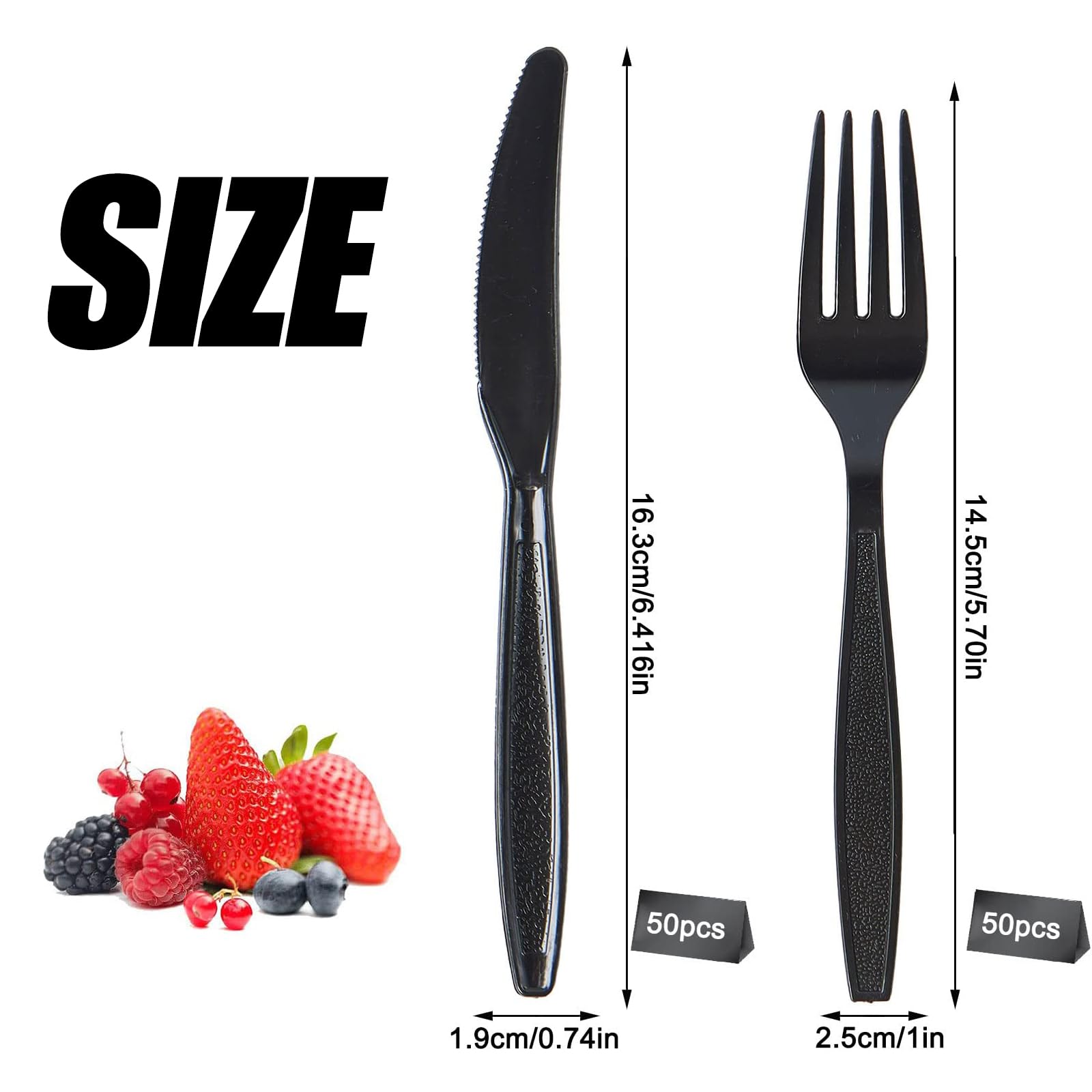 100 Stück Plastikbesteck, Plastik Besteck, Plastikbesteck Schwarz, Wiederverwendbar Set für Pizza, Dessert, 50 Plastikmesser & 50 Gabeln Plastikbesteck für Familienfeiern Outdoor Dinner, schwarz