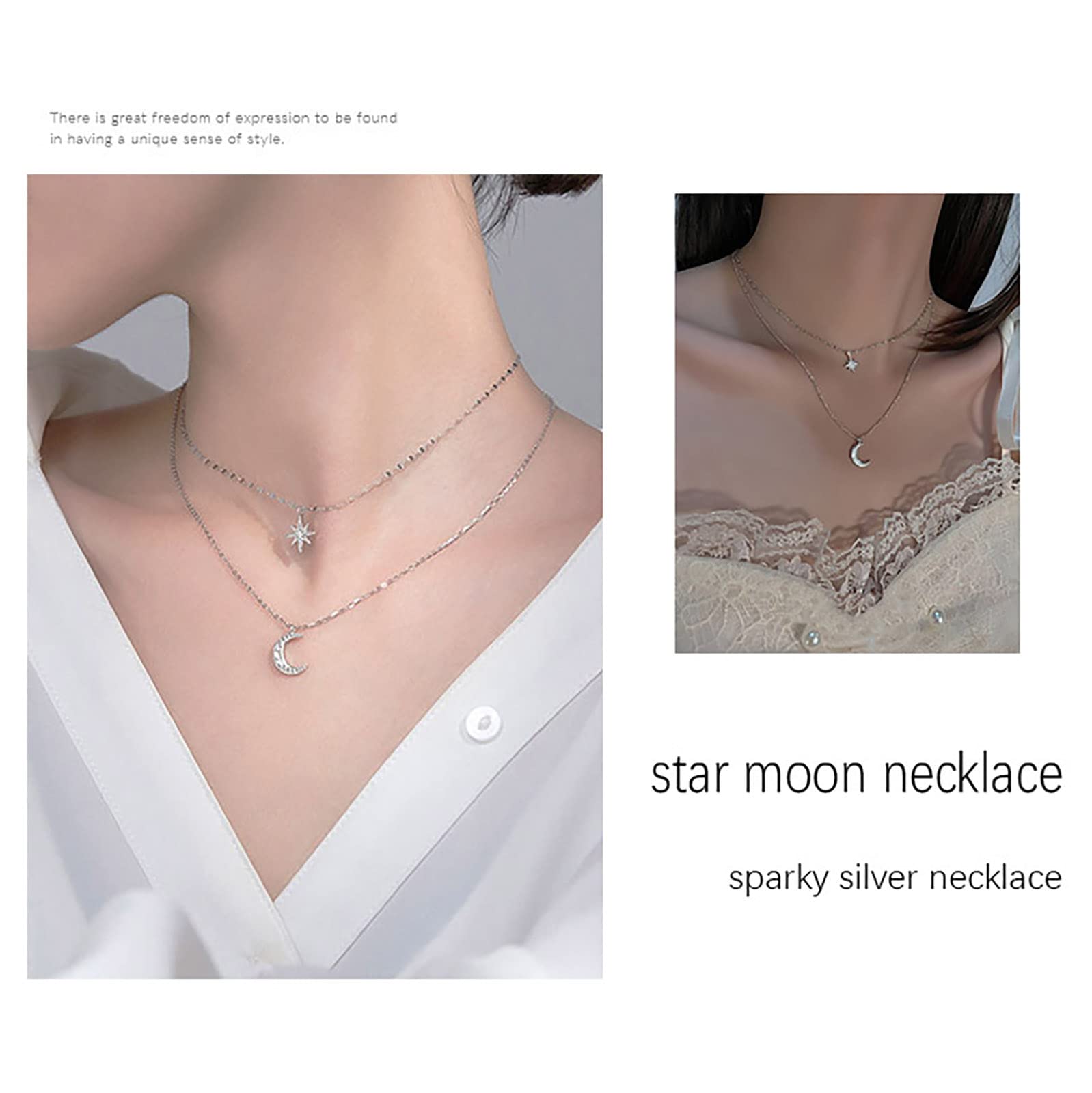 VZUHSW Collana Boho Regolabile A Strati Con Ciondolo Luna E Stella, In Acciaio Inox Argento, Girocollo Impilabile Per Donna - 2