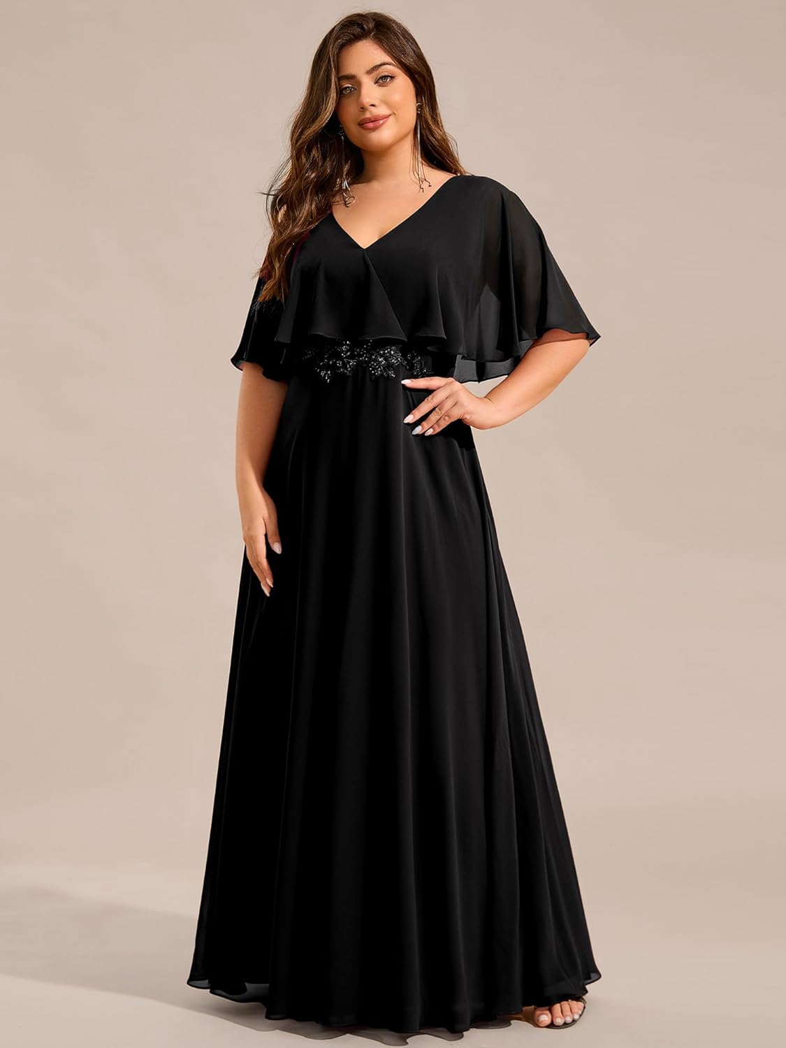 Ever-Pretty Plus Women's Ball Gown V-Neck A Line Chiffon Applique Shawl Short Sleeves Maxi Plus Size Formal Dresses 02289-DA - Image 4
