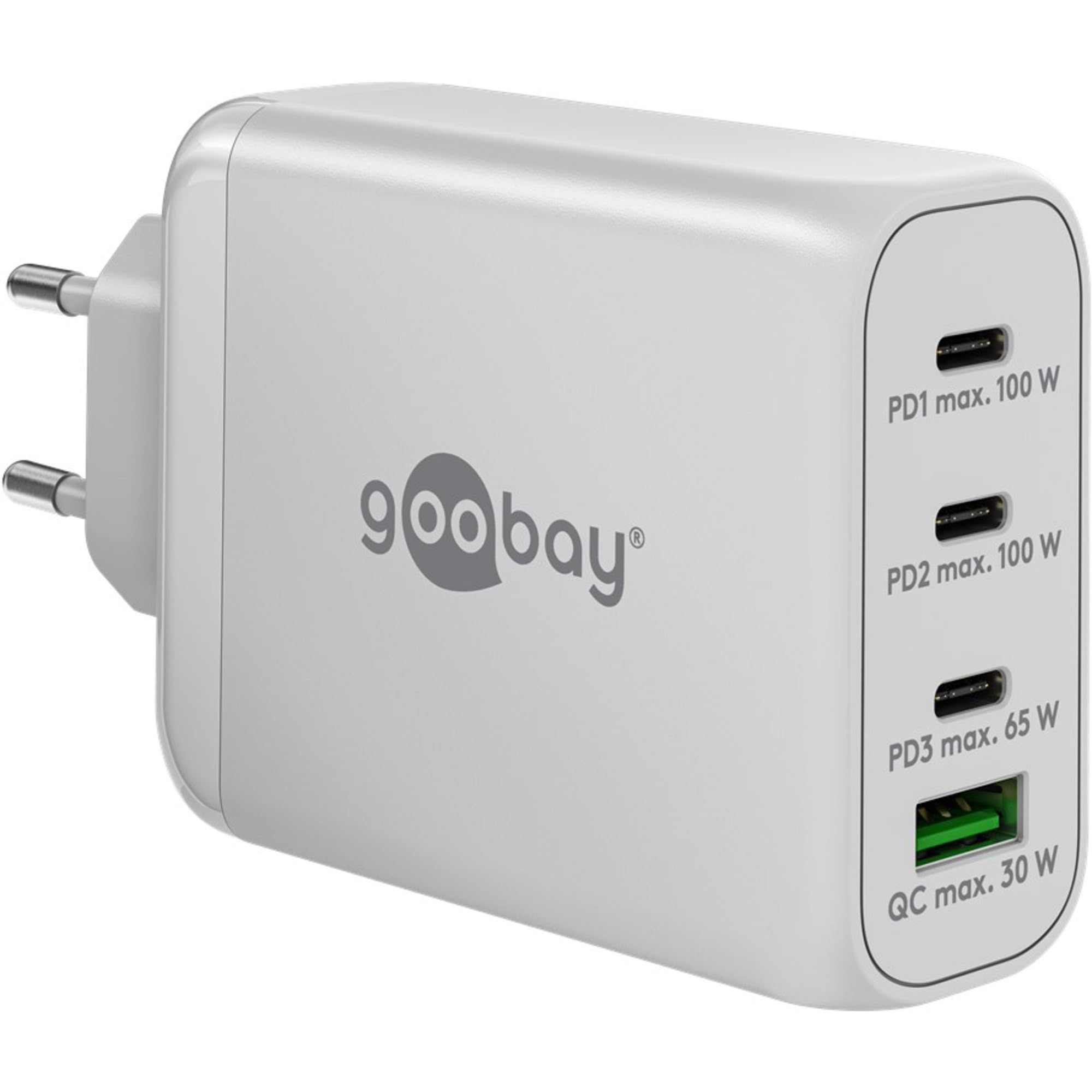 goobay 65556 Multiport Power Delivery USB C 100 W Caricabatterie/Alimentatore compatto ultra veloce per 4 dispositivi/Quick Charge USB/Bianco