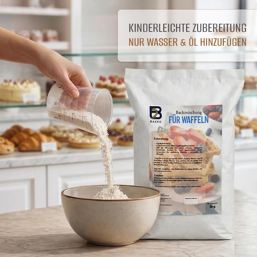 Bazko 5 kg Backmischung für Waffeln, Bubble-Waffeln, Pfannkuchen, Pancakes | Waffelteig Großpackung | Perfekt für Gastronomie und Hobbybäcker | für ca. 125 Stück