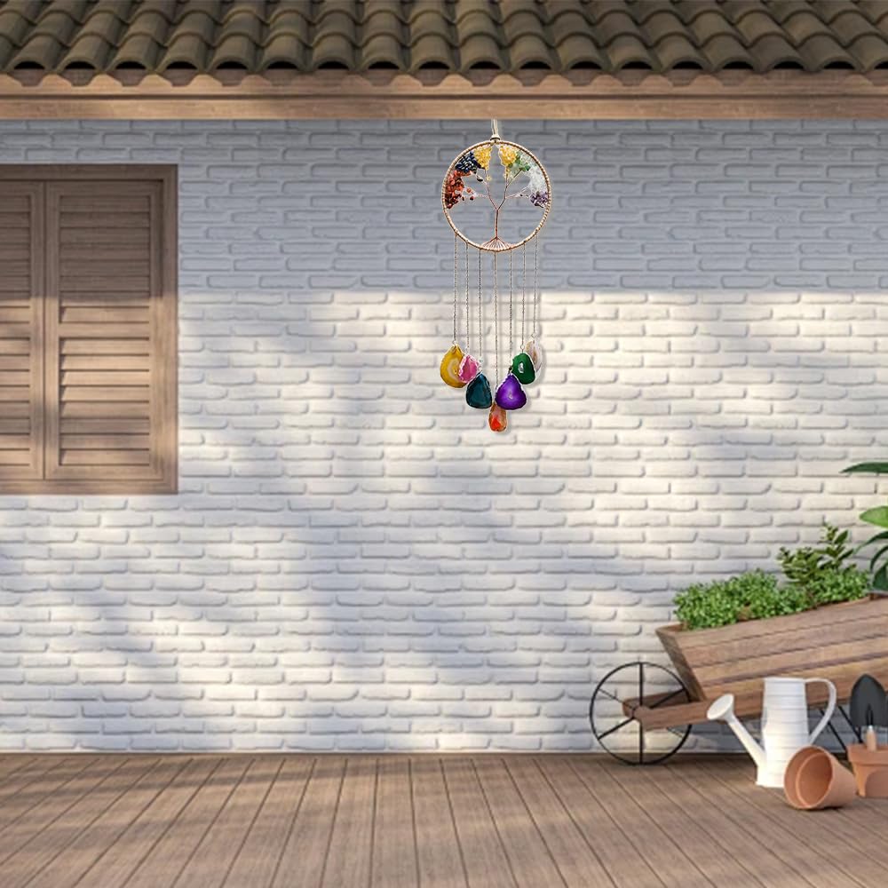 7 Chakra Windspiel Lebensbaum aus Naturstein Achat Scheiben | Handgemachtes Kristall Windspiel für Garten Draußen & Innen, Edelstein Wand-Deko & Fenster-Ornament Mehrfarbig