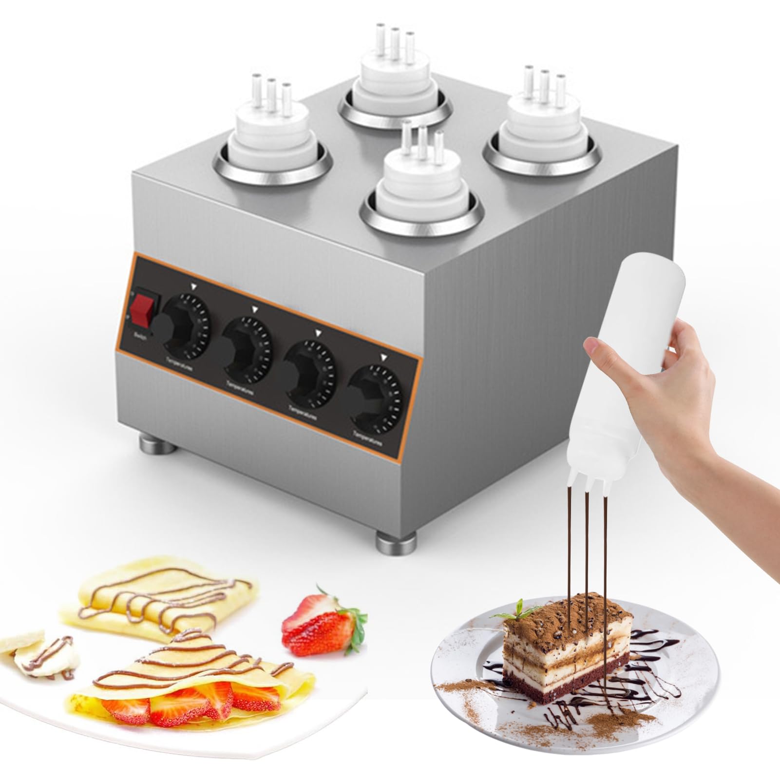 Chauffe-sauce électrique commercial avec 4 bouteilles à presser, distributeur de sauce électrique commercial, à température contrôlée, pour réchauffer le chocolat, le beurre et la confiture (30 à 85 °