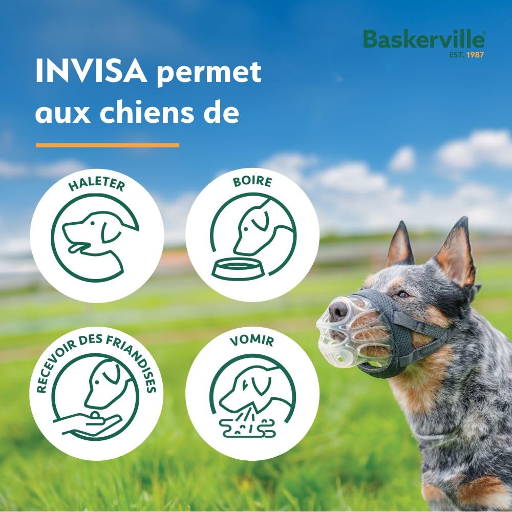 MUSELIÈRE BASKERVILLE INVISA, sûre, respectueuse du chien qui peut haleter et boire, réglable, matelassée, éducation des chiens moyens, anti-morsure, anti-fouille (Taille 4)