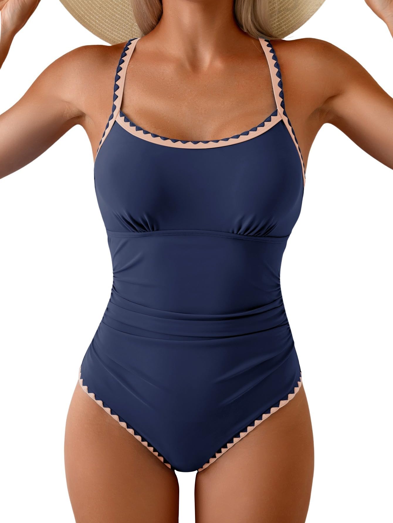 Photo 1 of Eomenie Women's One Piece Swimsuit Tummy Control Slimming Bathing Suit Ruched Swimwear Tie Back Shell Stitch Swim Suit Navy Blue