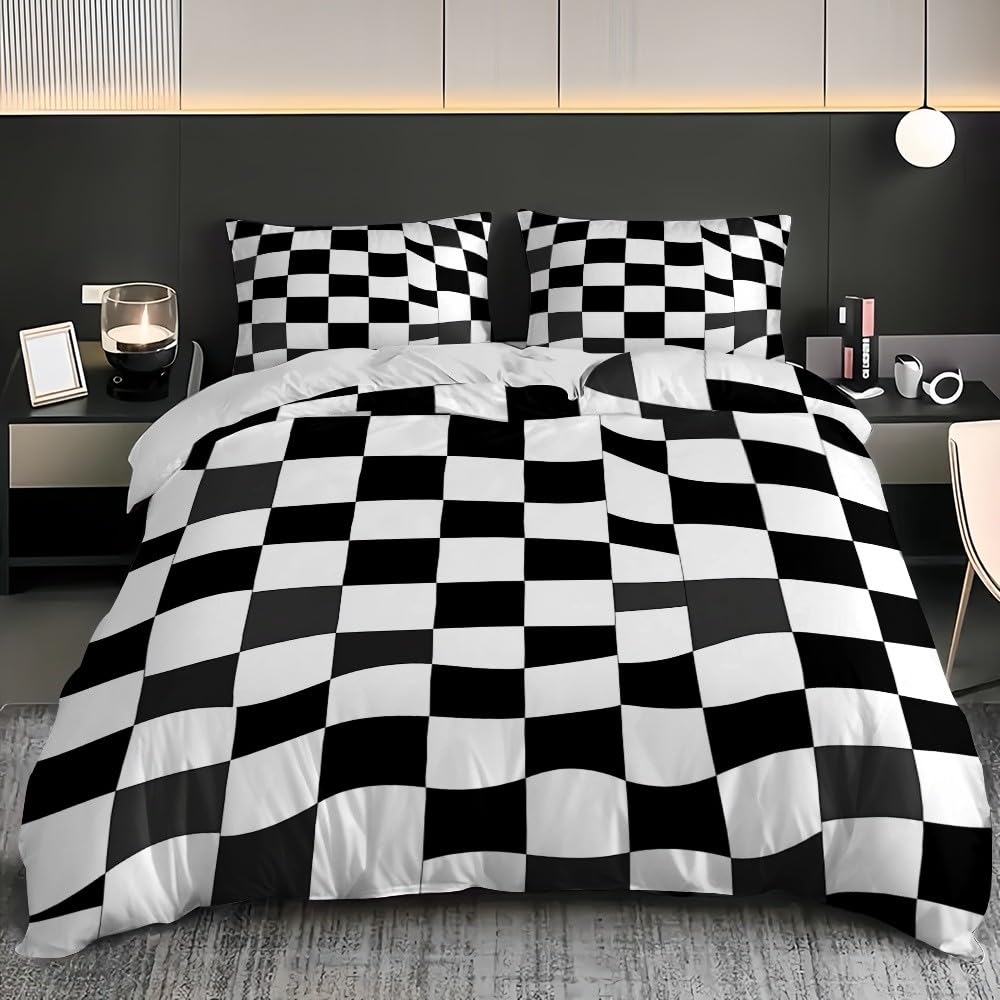 Pojedyncza poszwa na kołdrę 155 x 200 cm prosta czarno-biała kratka zestaw pościeli z miękkiej mikrofibry iluzje optyczne 3 sztuki z 2 poszewkami na poduszki, z zamkiem błyskawicznym i paskami