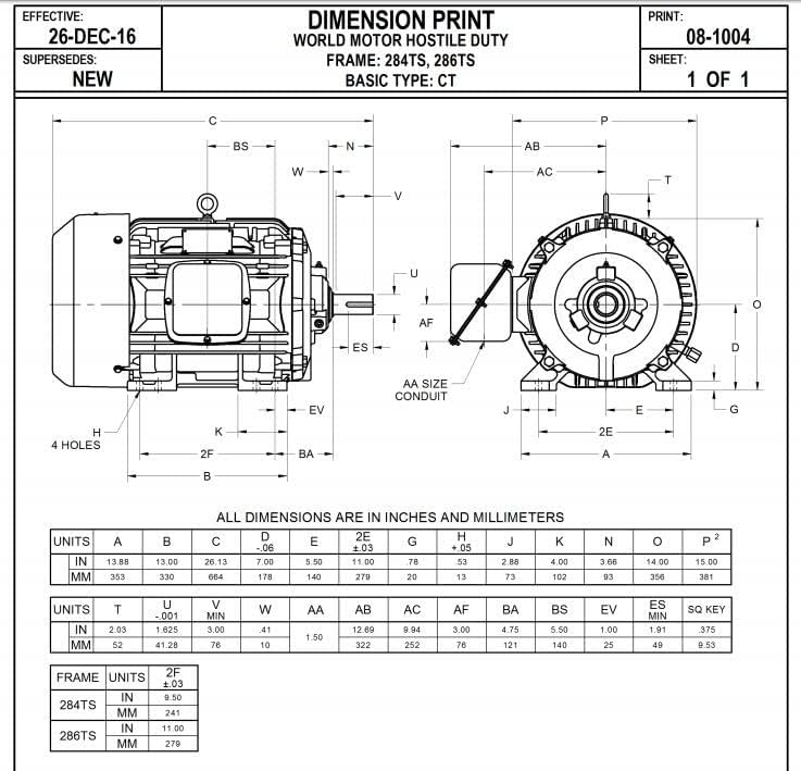 Nidec 25 hp Electric Motor HD25P1ES Dimensional Drawing