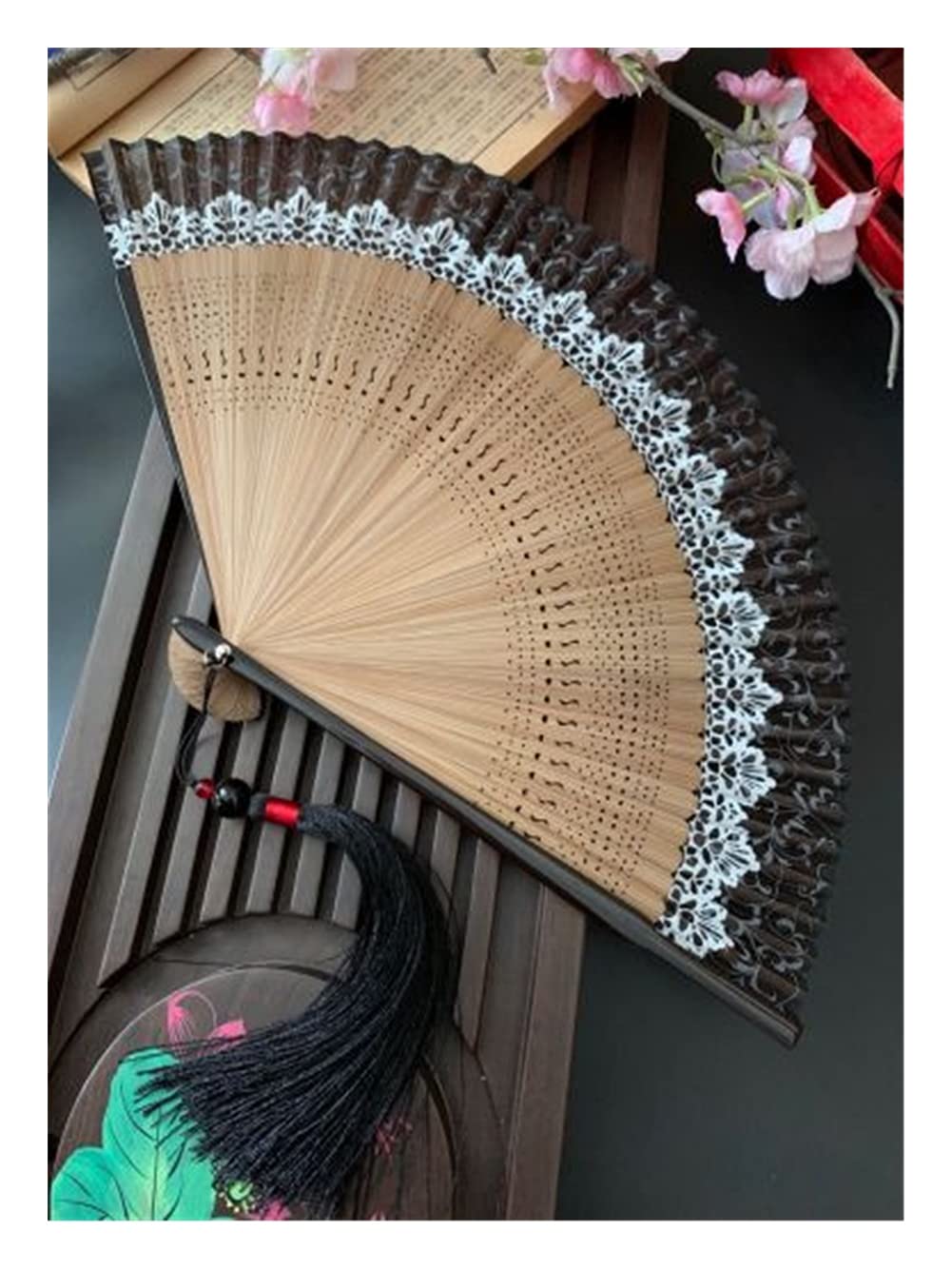 NZPOST Folding fan Chinese Style Ancient Style Bamboo Handle Folding Fan Juan Cloth Female Fan Cherry Blossom Portable Jump Dance Fan fan (4# 21cm)