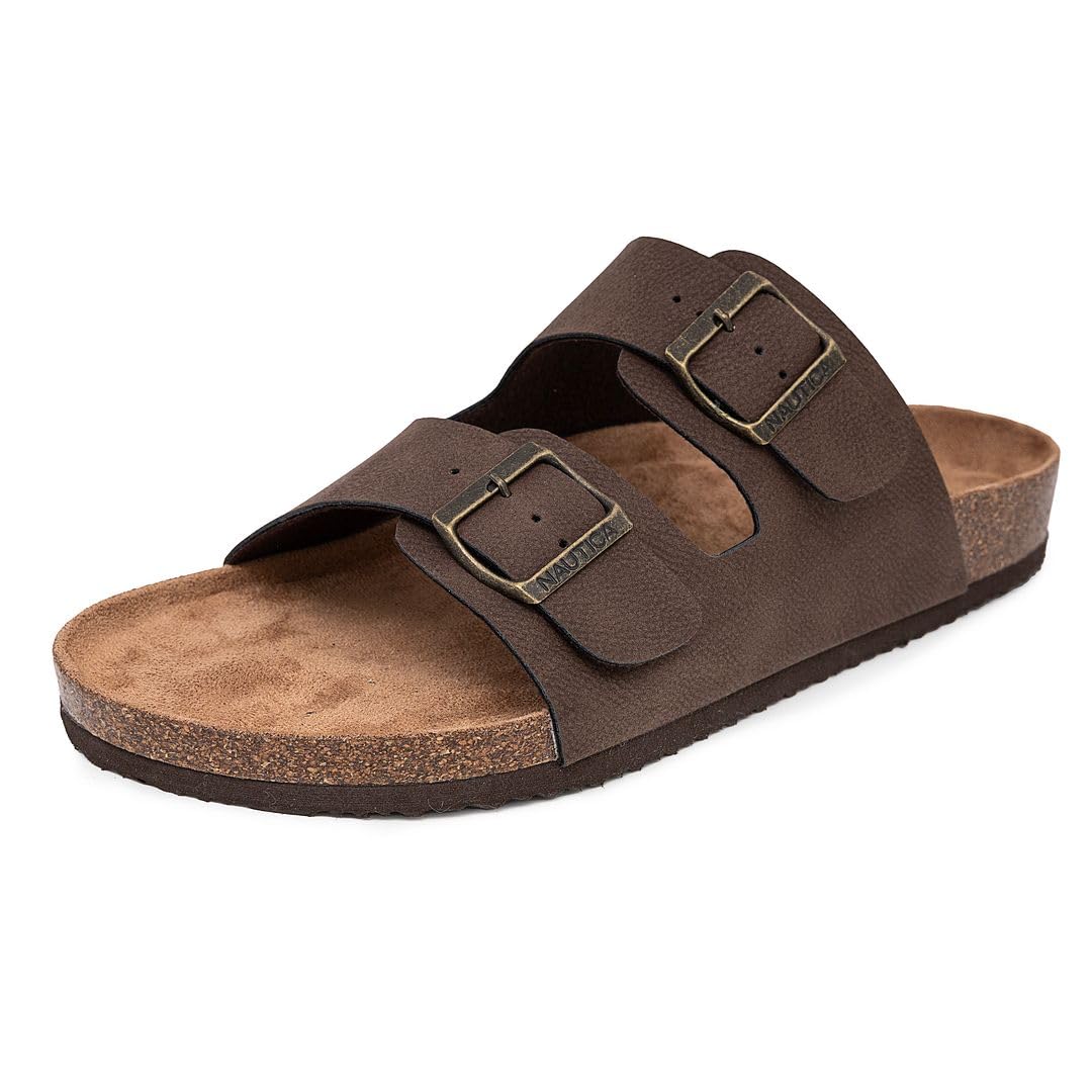 Nautica Men's Sandals - Casual Slides with 2 Adjustable Buckle Straps and Cork Footbed for Ultimate Comfort and Style (Regular/Wide Width, Big Size)